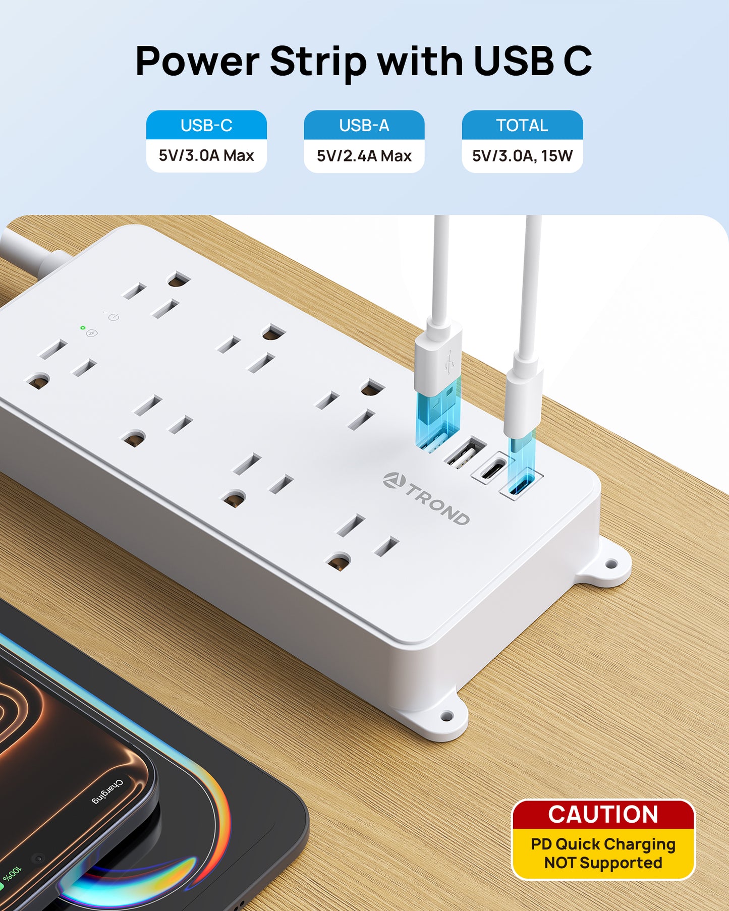 Surge Protector Power Strip with 360° Rotating Plug, 7 Widely-Spaced Outlets