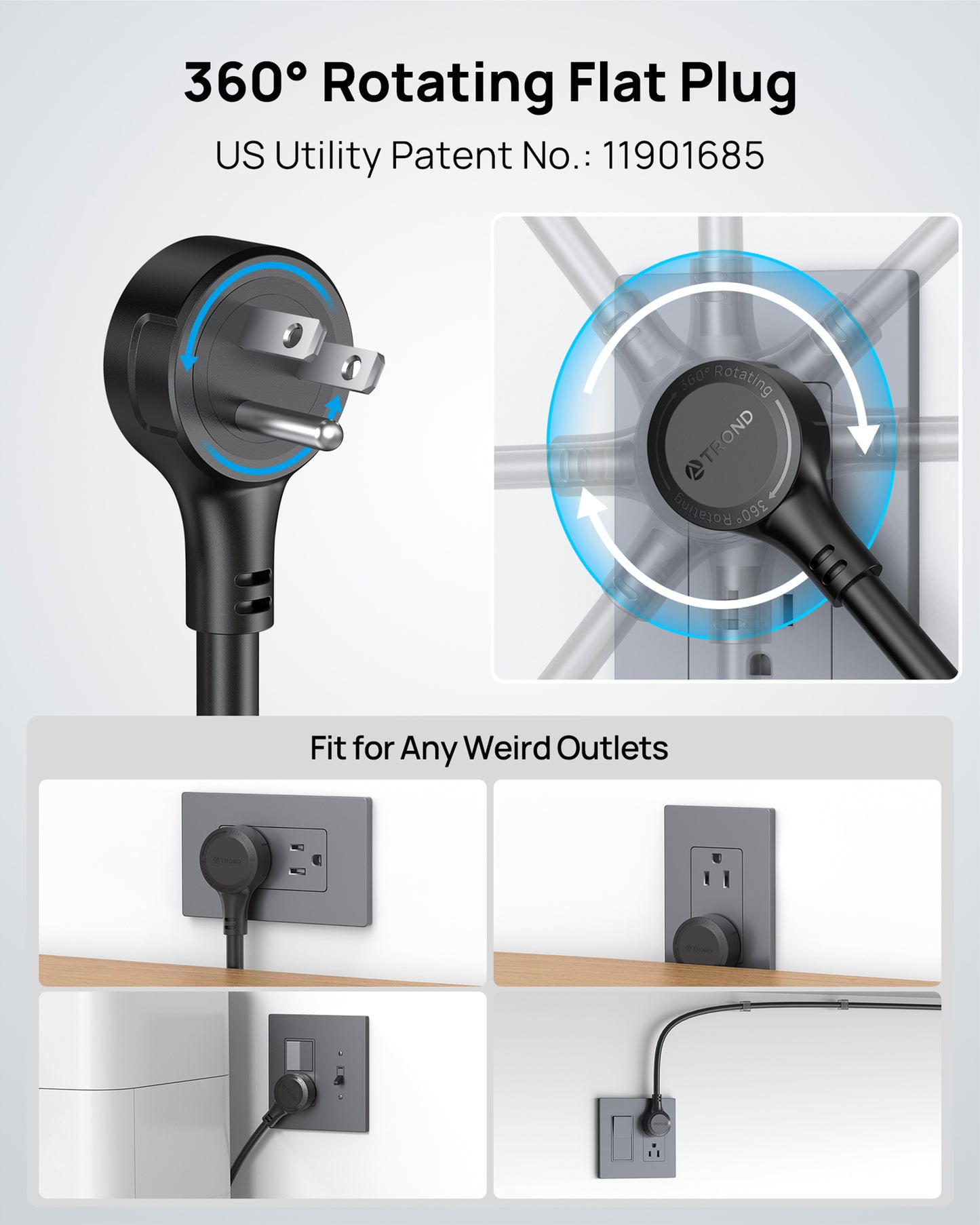 TROND 360° Rotating Flat Plug Power Strip | 5 Widely-Spaced Outlets with 2 USB A and 2 USB C