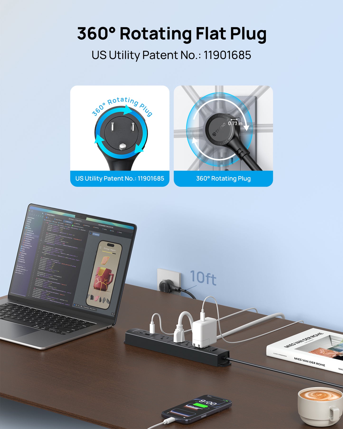 360° Rotating Plug Surge Protector, 3 USB C and 1 USB A