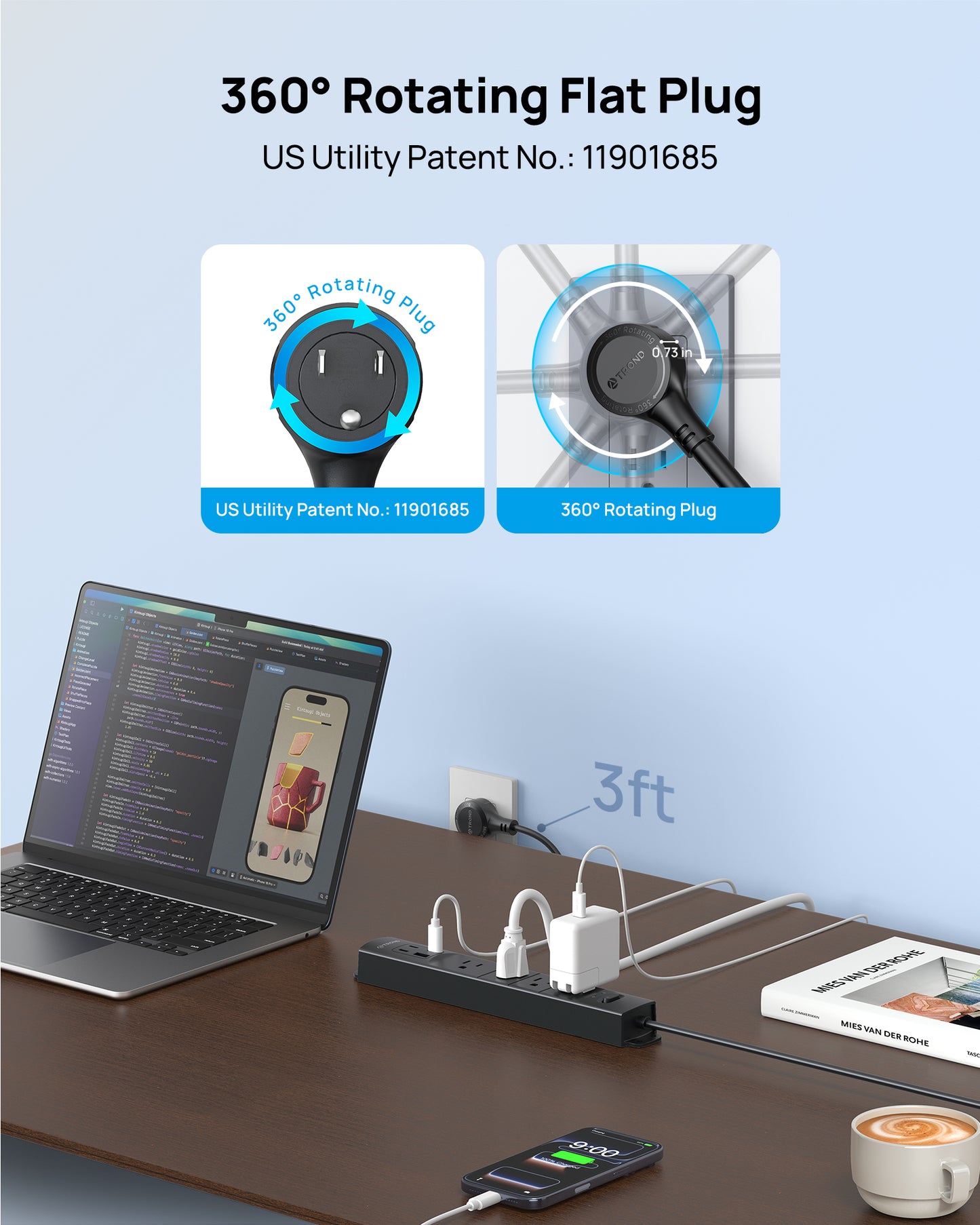 360° Rotating Plug Surge Protector, Power Strip with USB Ports