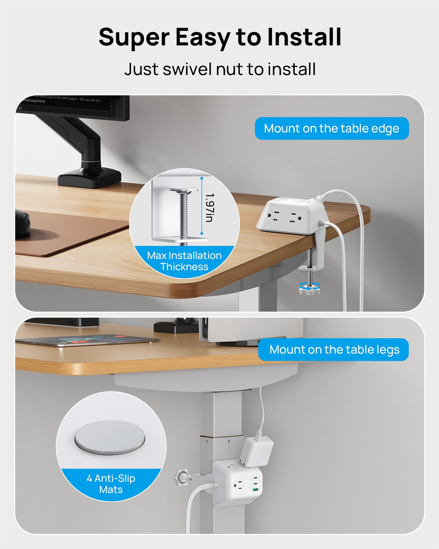 Desk Clamp Power Strip with USB C PD 20W, Desktop Charging Station with 5 AC Outlets, White