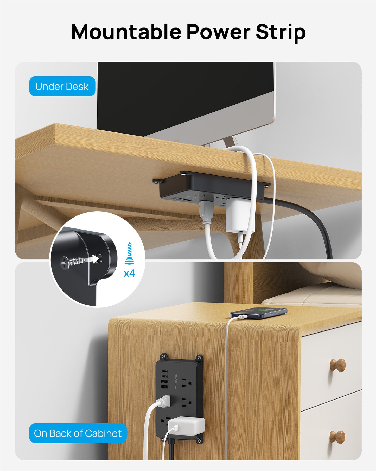 TROND Power Strip Surge Protector 3ft | 5 Widely-Spaced Outlets with 2 USB A and 2 USB C