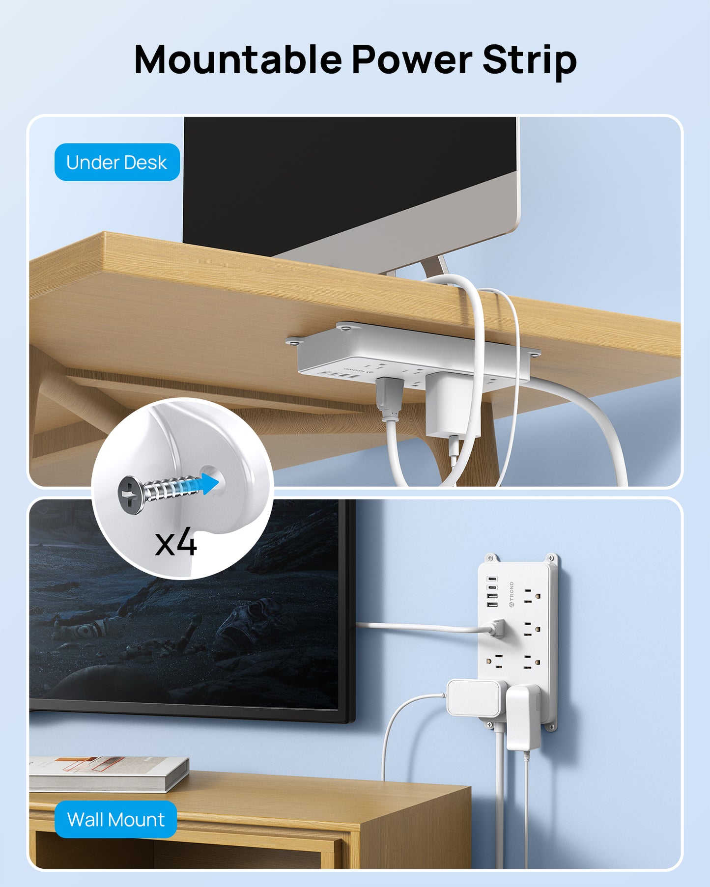 Surge Protector Power Strip with 360° Rotating Plug, 7 Widely-Spaced Outlets