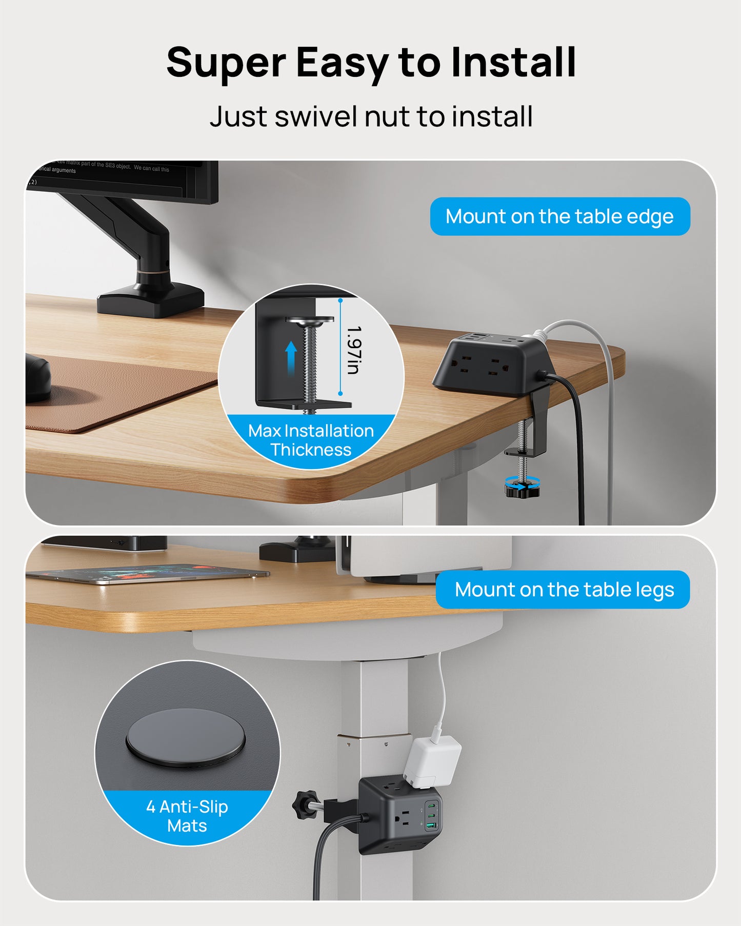 USB C PD 20W Desk Clamp Power Strip, Desktop Surge Protector with 5 AC Outlets