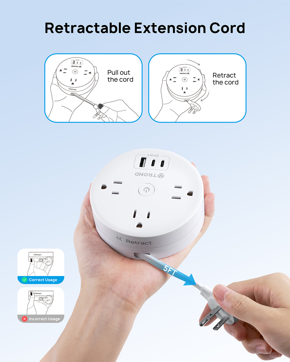 Travel Power Strip - TROND Retractable Power Strip with 3 AC Outlets 3 USB Ports