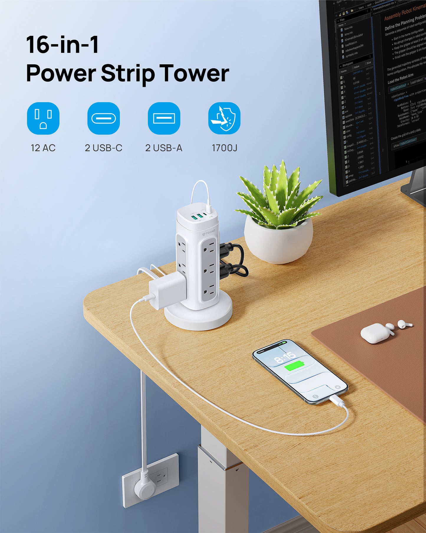 TROND Rotating Plug Power Strip Tower PD 20W, 10ft Semi-Retractable Extension Cord Surge Protector