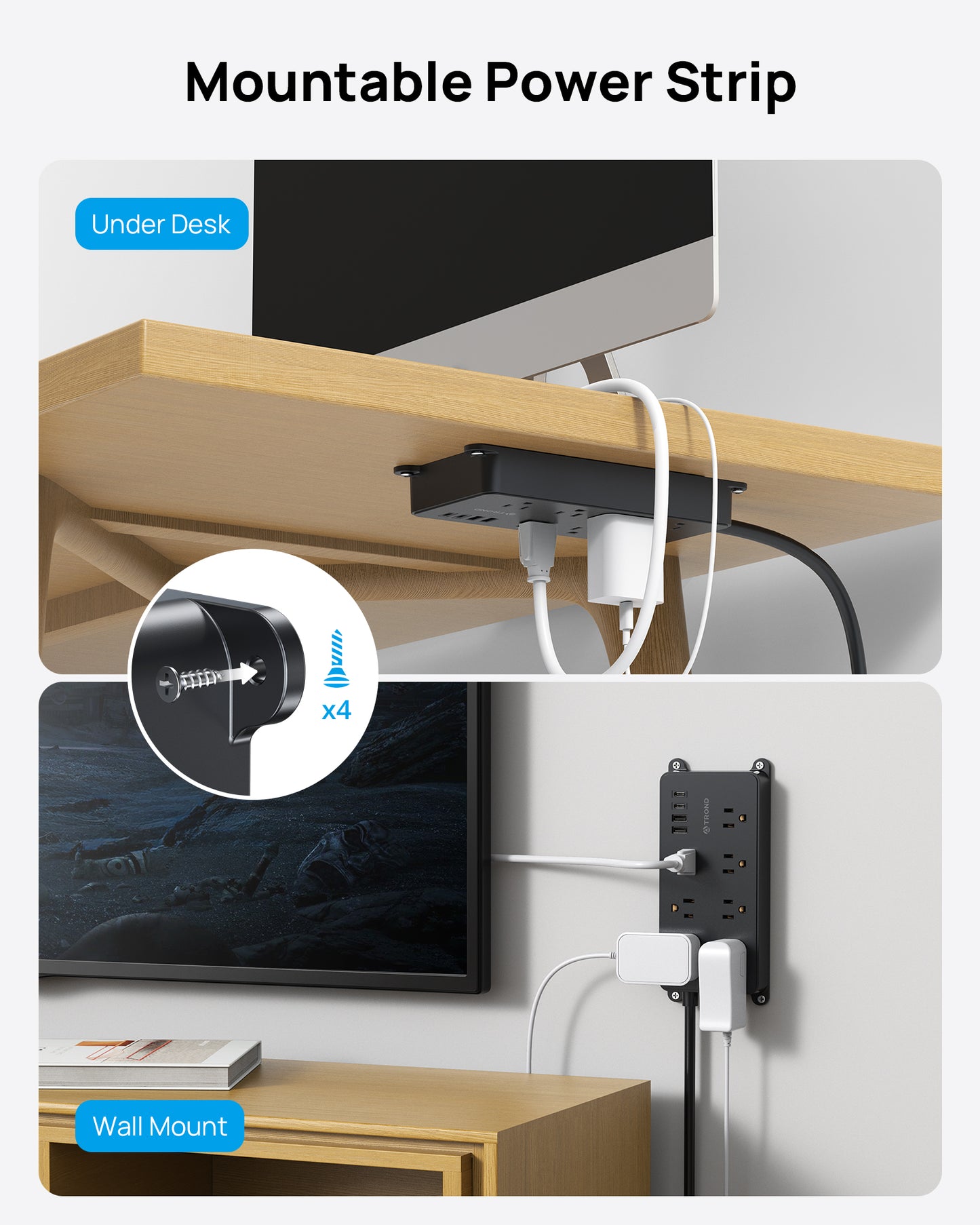 Power Strip Surge Protector with 360° Rotating Plug, 7 Widely-Spaced Outlets