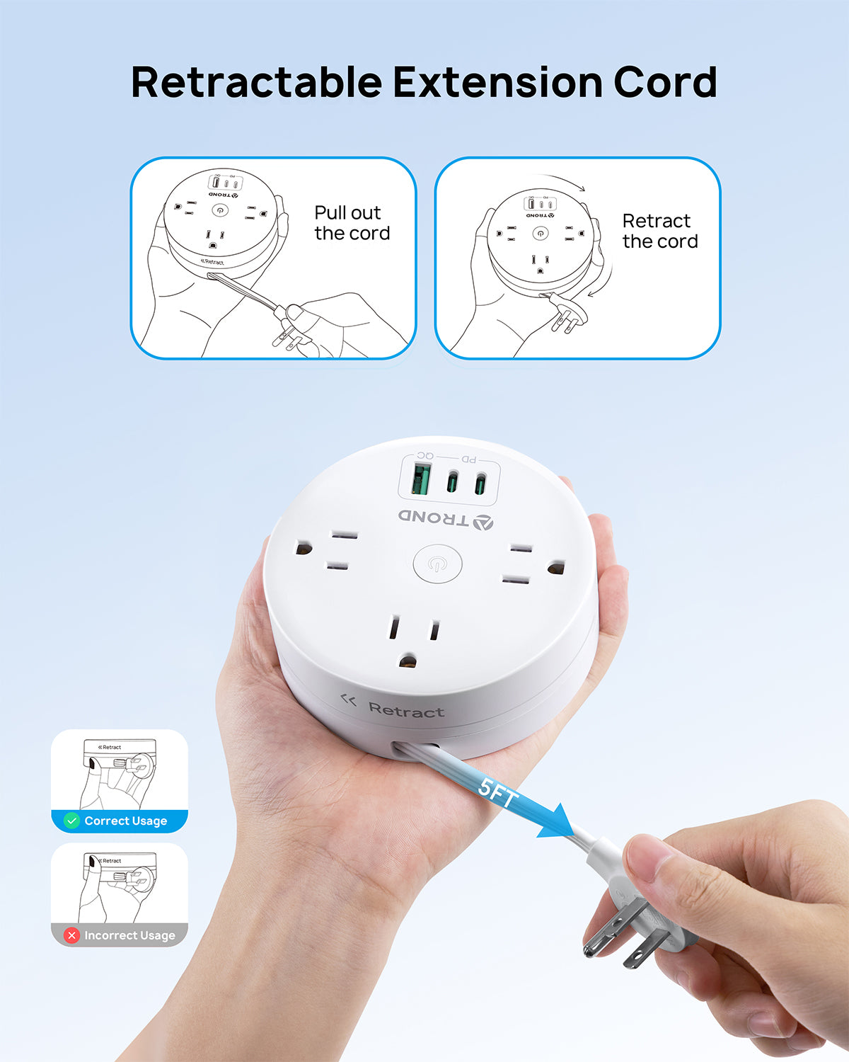 Travel Power Strip - TROND Retractable Power Strip with 3 AC Outlets 3 USB Ports