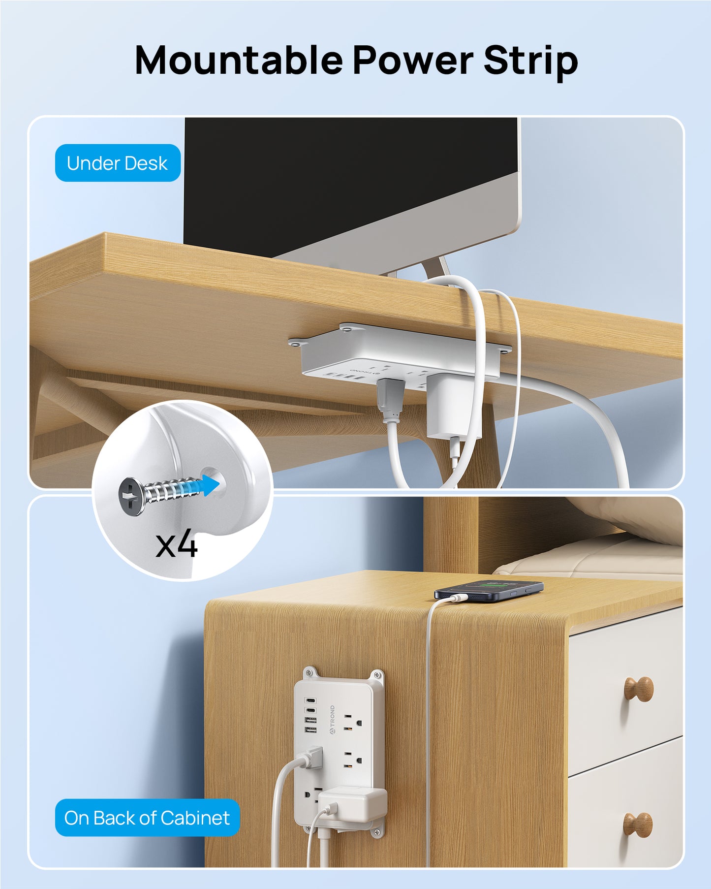 TROND 360° Rotating Flat Plug Power Strip, 3ft Extension Cord
