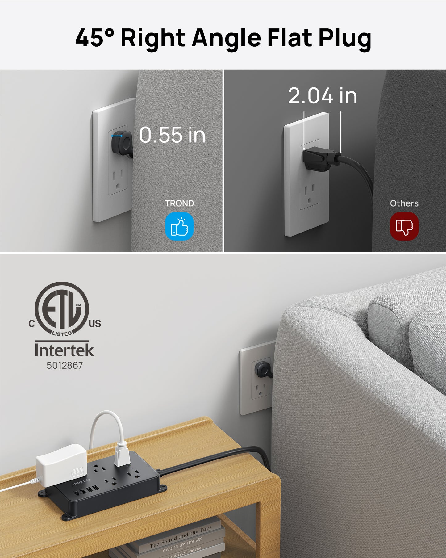 TROND Power Strip Surge Protector 3ft | 5 Widely-Spaced Outlets with 2 USB A and 2 USB C