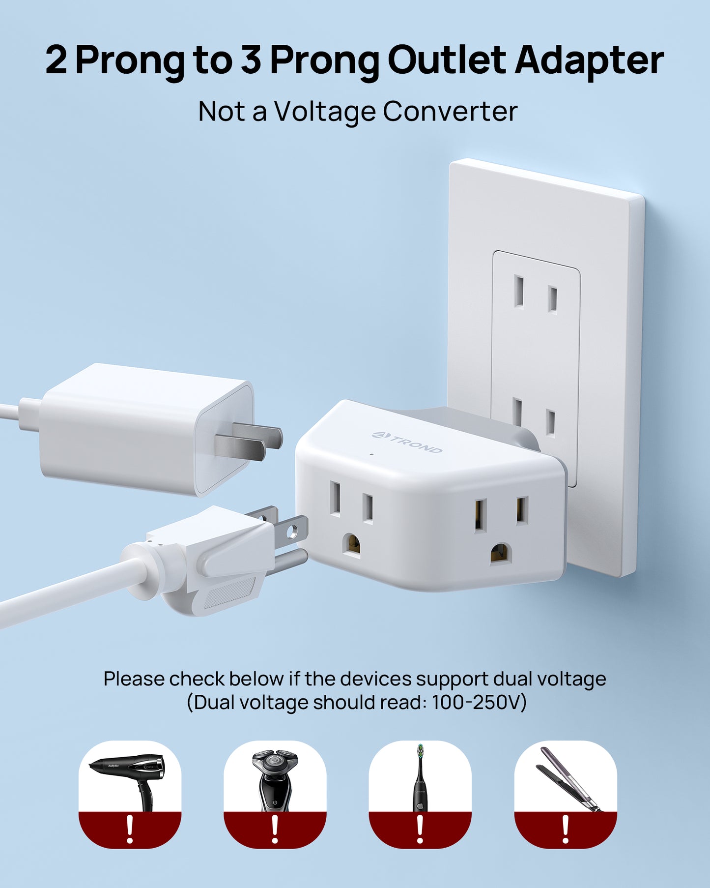 TROND 2 Prong to 3 Prong Outlet Adapter with 360 Rotating Plug