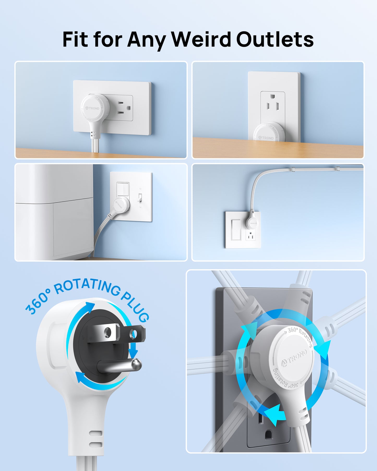 TROND Rotating Plug Power Strip Tower PD 20W, 10ft Semi-Retractable Extension Cord Surge Protector