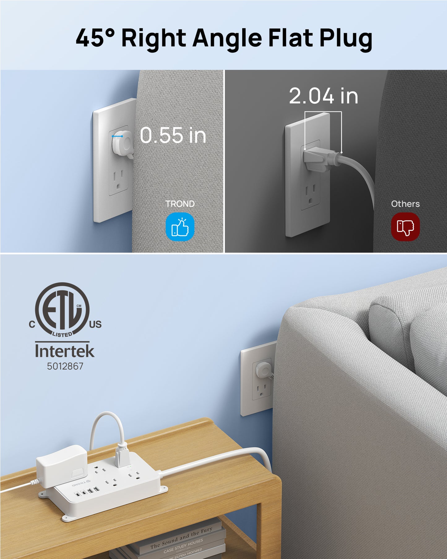 TROND Power Strip Surge Protector 3ft, Wall Mountable