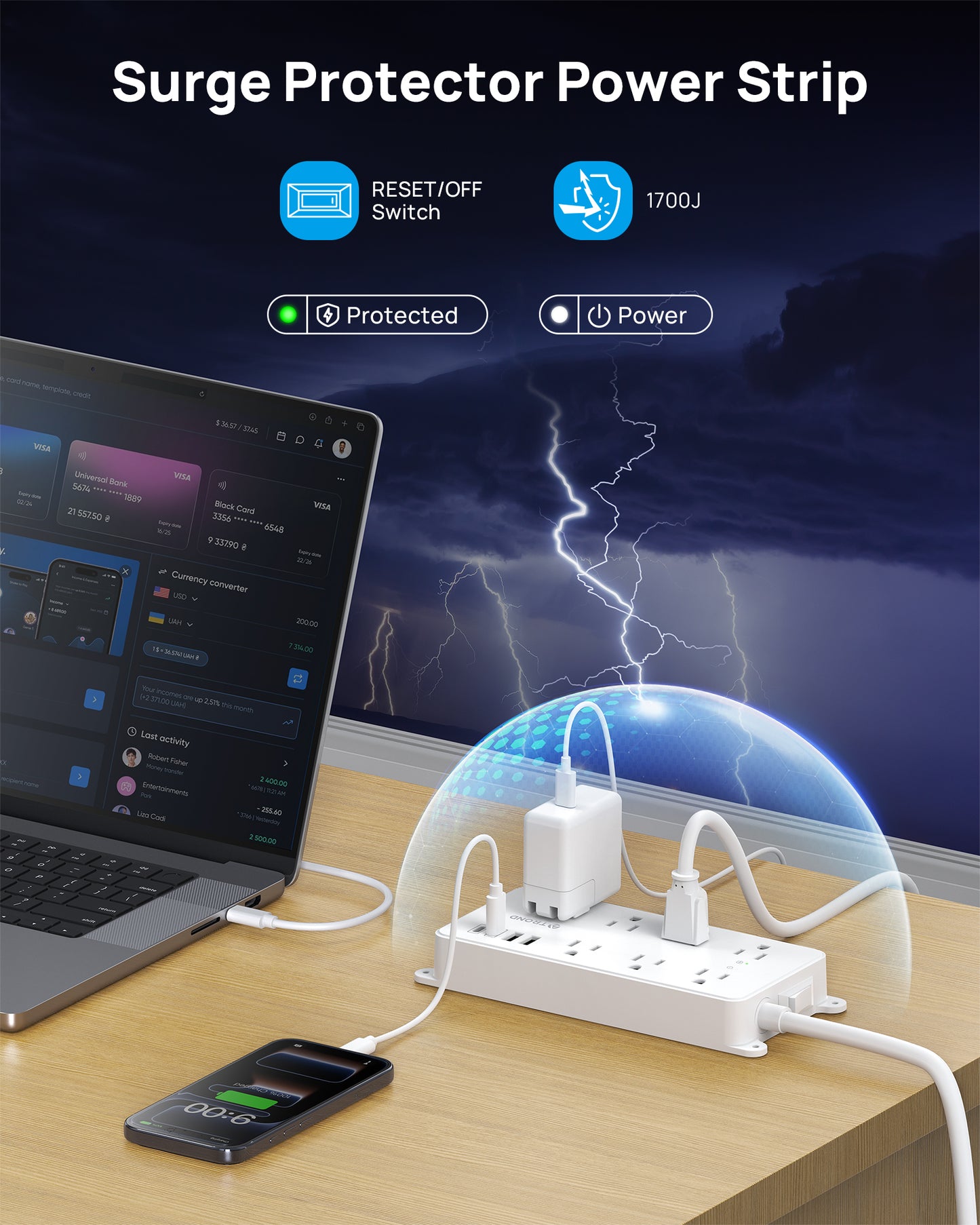 Surge Protector Power Strip with 360° Rotating Plug, 7 Widely-Spaced Outlets