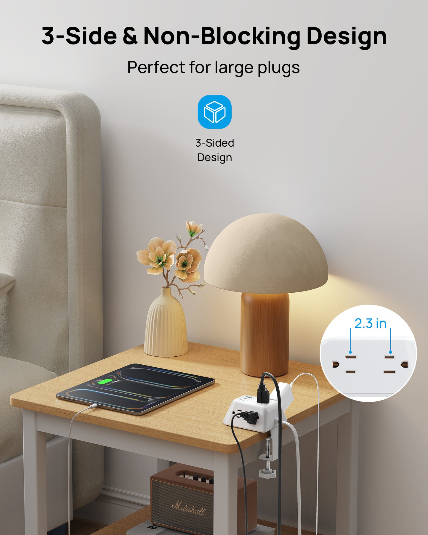 Desk Clamp Power Strip with USB C PD 20W, Desktop Charging Station with 5 AC Outlets, White