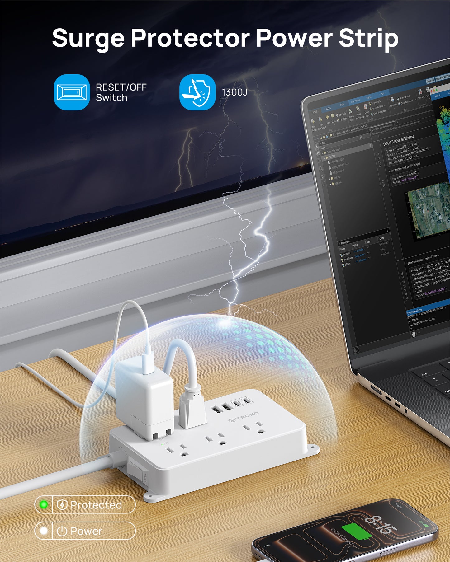 360° Rotating Power Strip, 5 Widely-Spaced Outlets