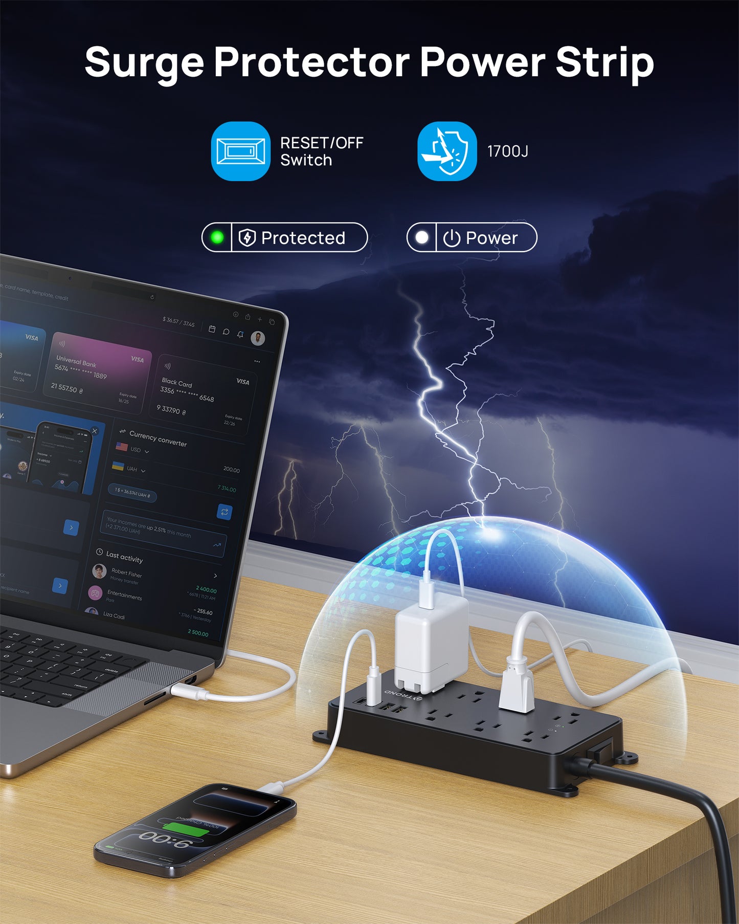 Power Strip Surge Protector with 360° Rotating Plug, 7 Widely-Spaced Outlets