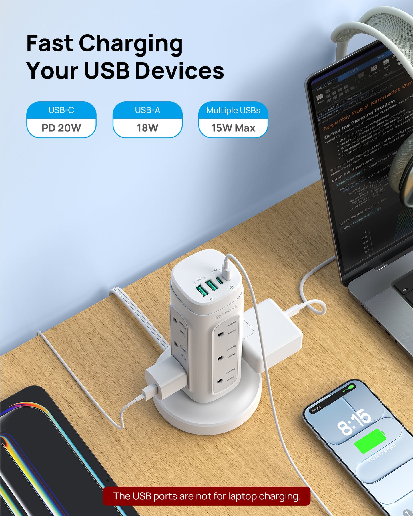 TROND Rotating Plug Power Strip Tower PD 20W, 10ft Semi-Retractable Extension Cord Surge Protector