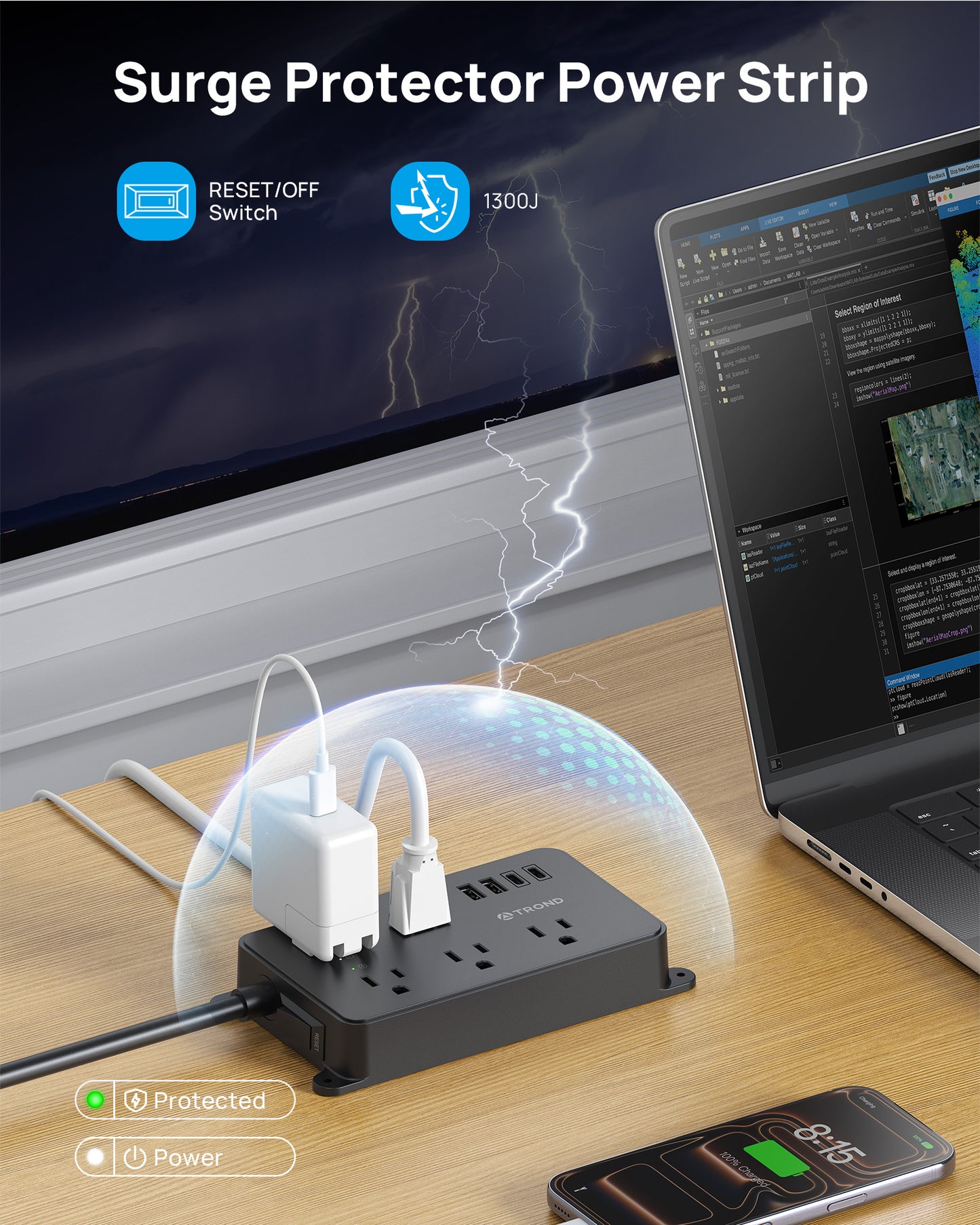 Surge Protector Power Strip with 360° Rotating Plug, 10ft Extension Cord