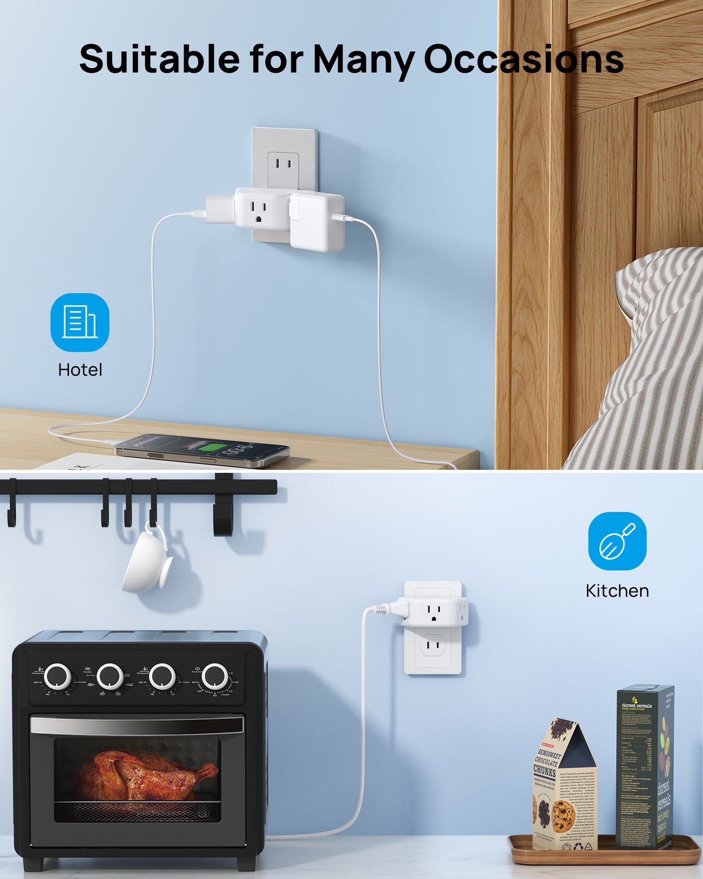 TROND 2 Prong to 3 Prong Outlet Adapter with 360 Rotating Plug
