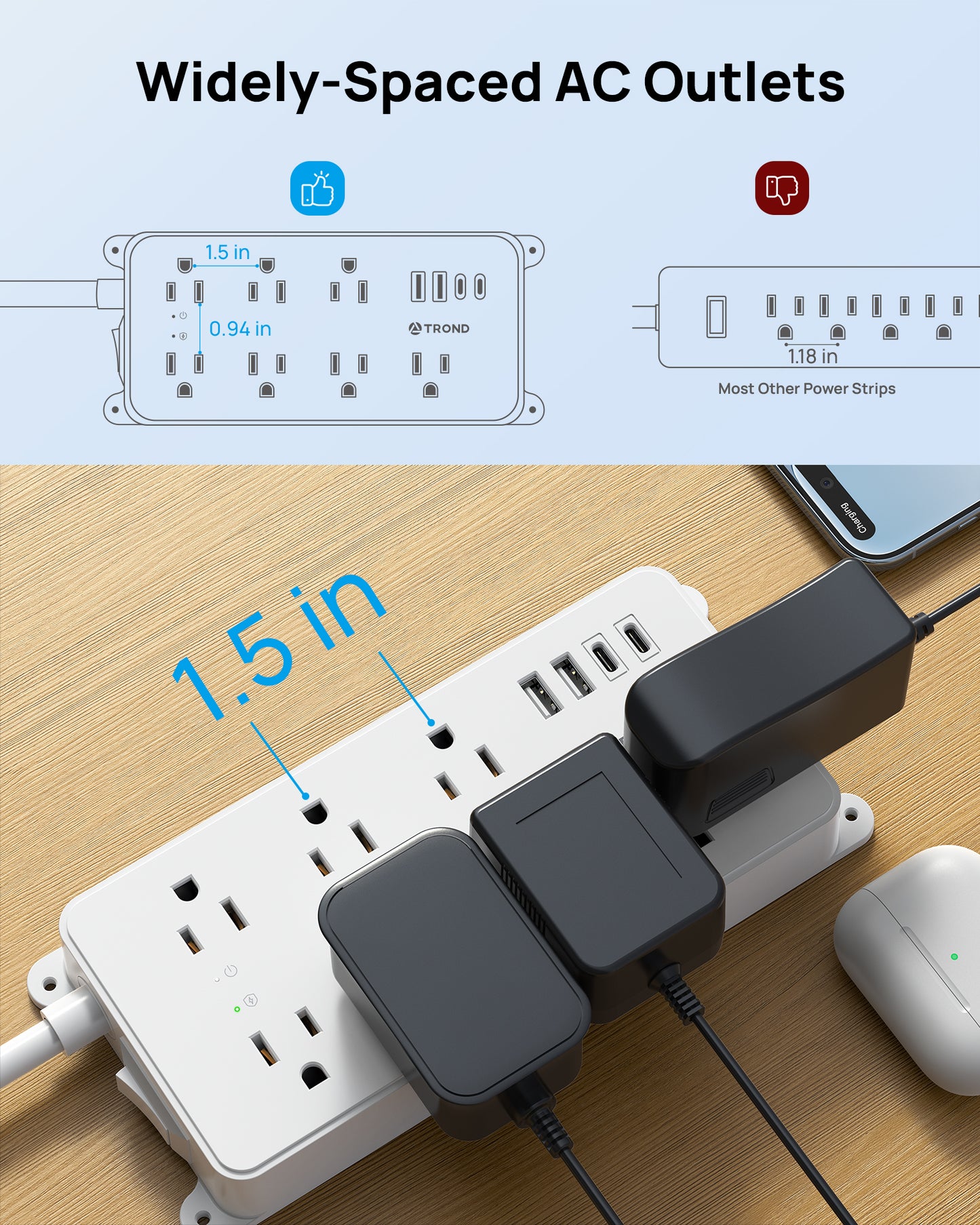 Surge Protector Power Strip with 360° Rotating Plug, 7 Widely-Spaced Outlets