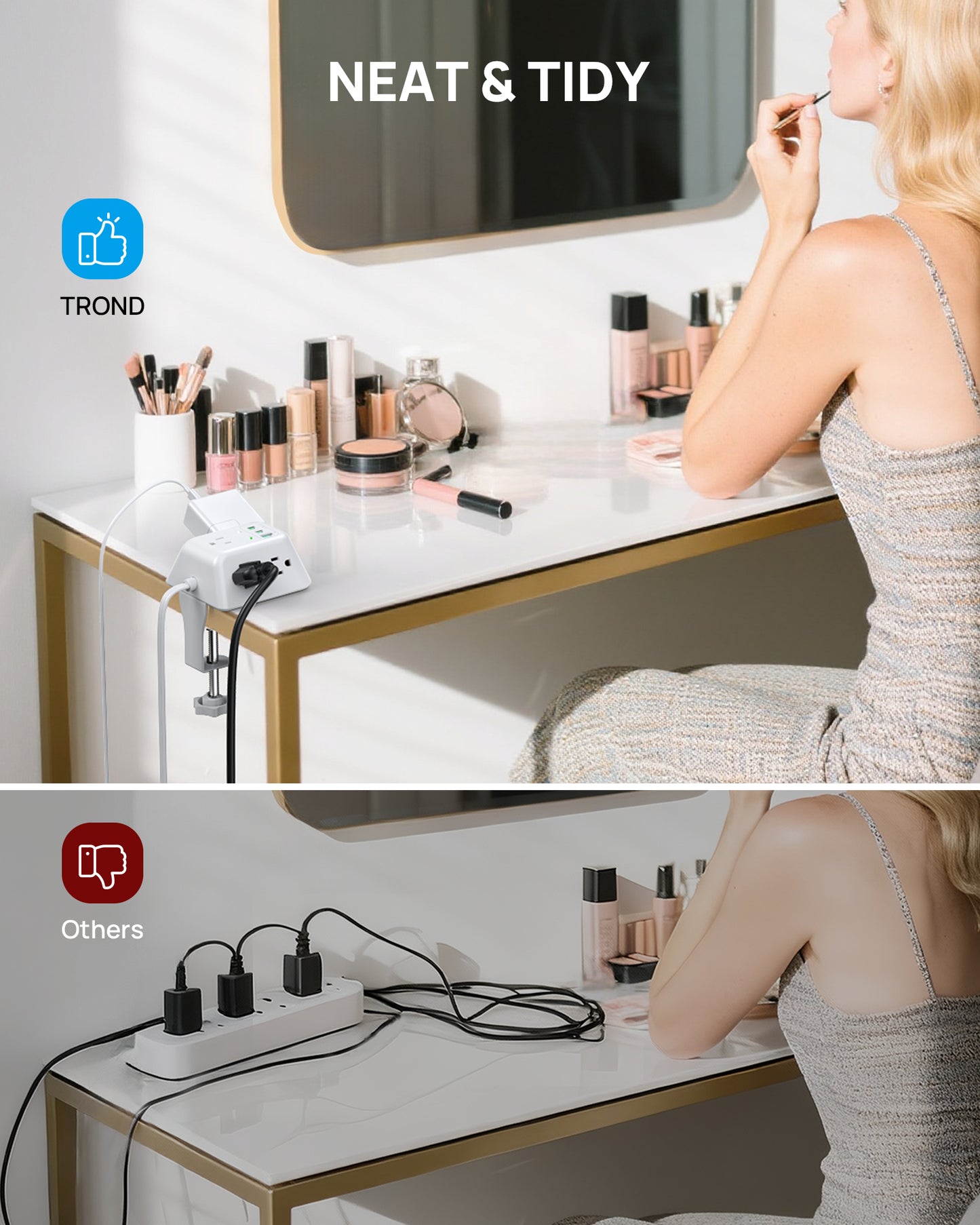 Desk Clamp Power Strip with USB C PD 20W, Desktop Charging Station with 5 AC Outlets, White