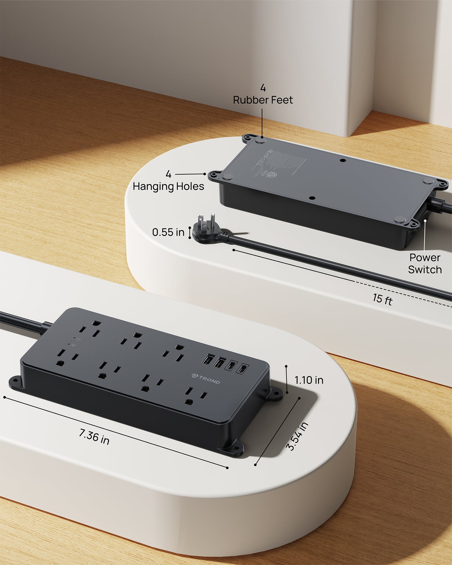 Surge Protector Power Strip, Flat Plug 15ft Long Extension Cord, 7 Widely-Spaced Outlets