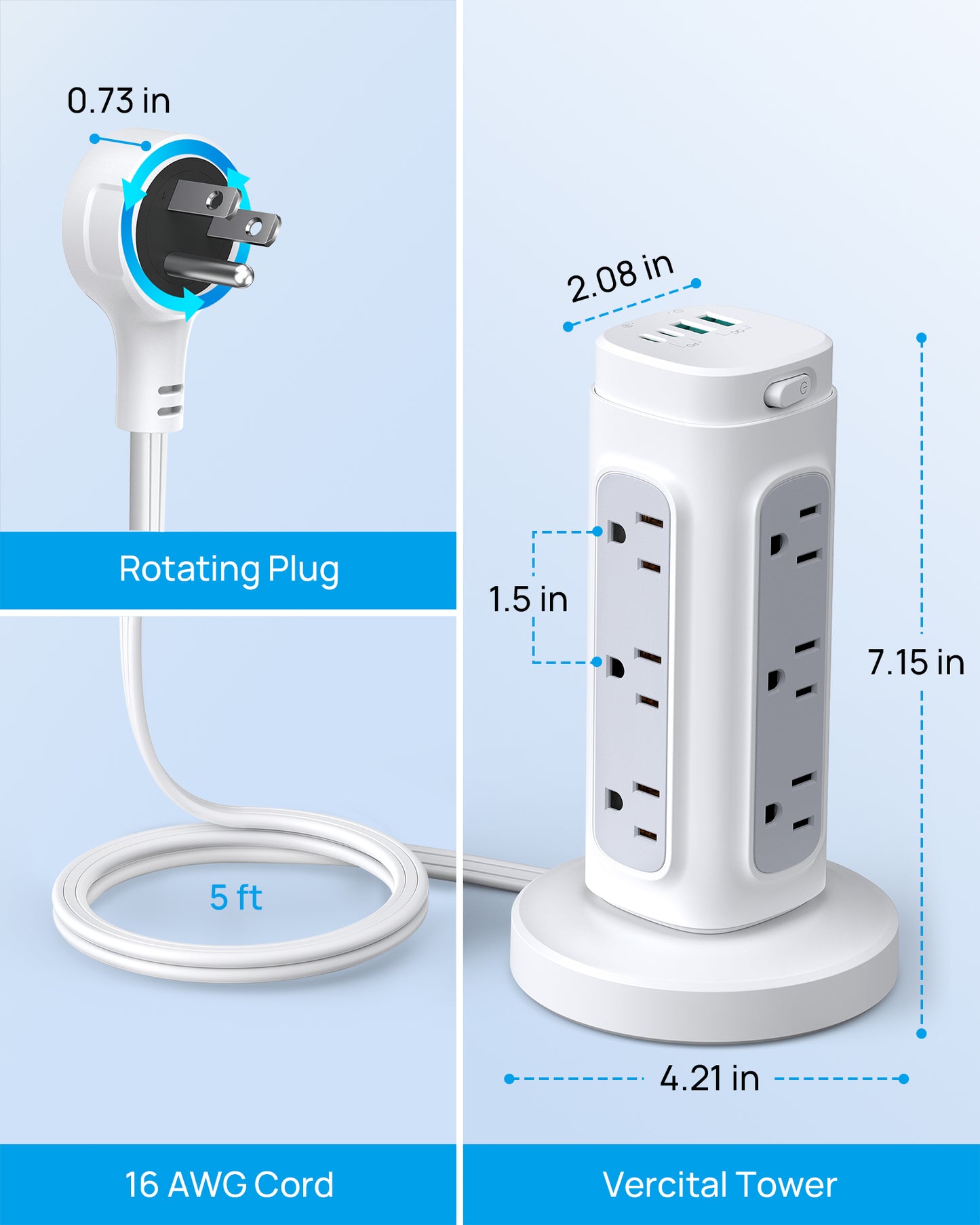 Rotating Plug Power Strip Tower PD 20W - 5ft Retractable Extension Cord Surge Protector