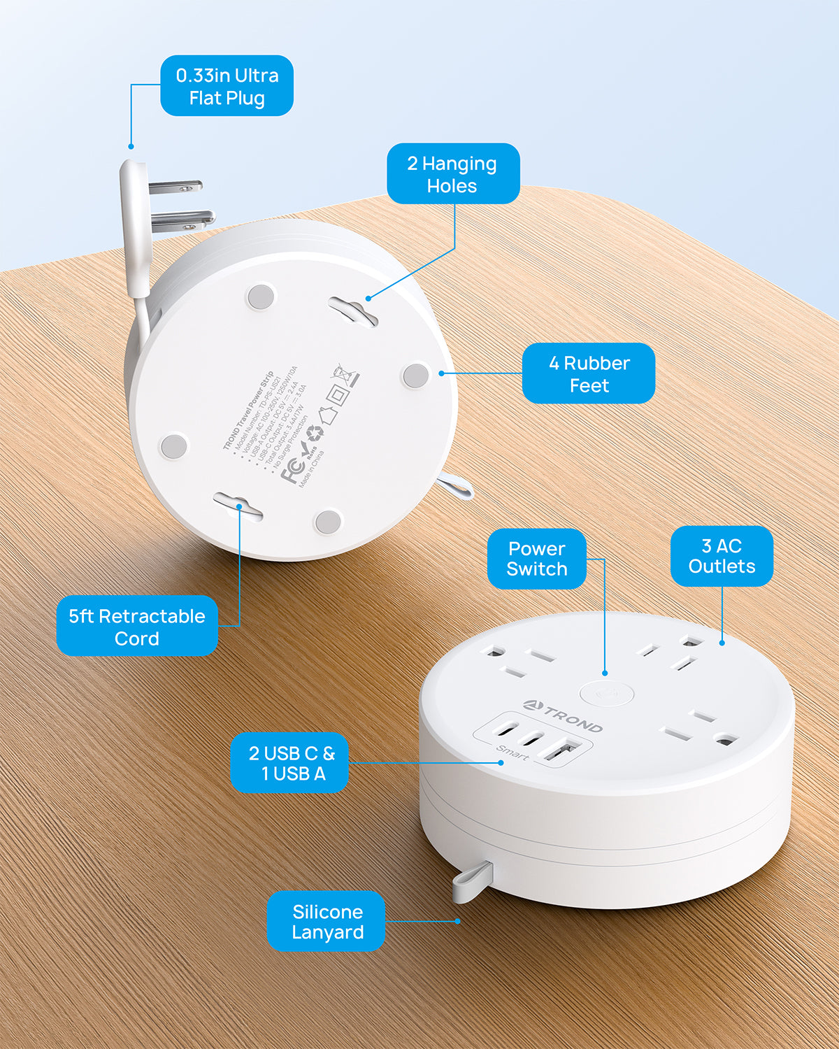 Travel Power Strip - TROND Retractable Power Strip with 3 AC Outlets 3 USB Ports