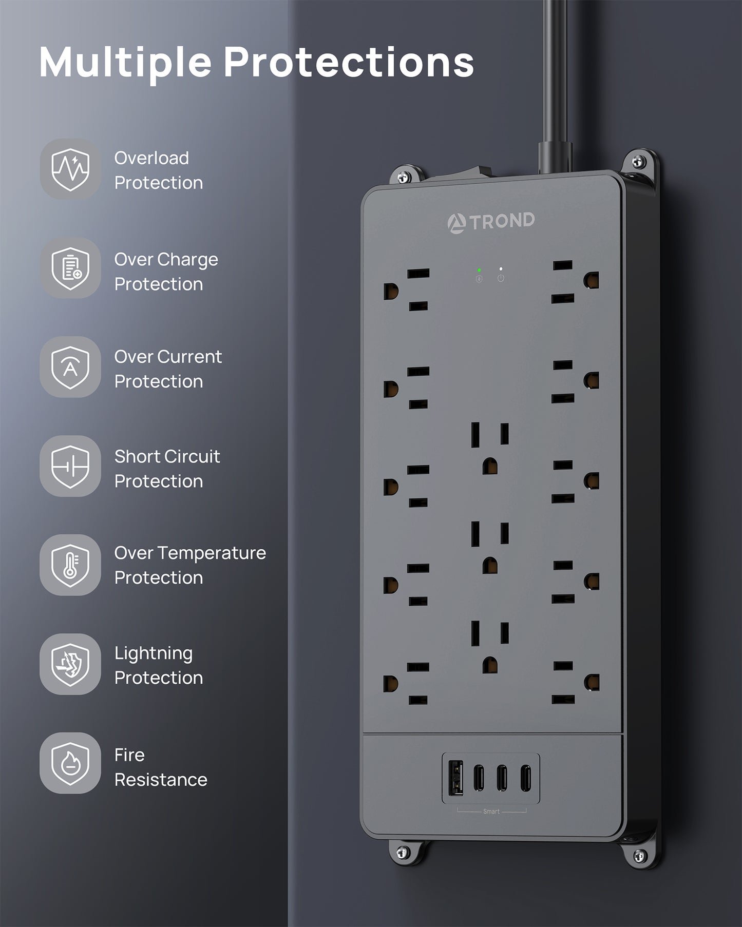 360° Rotating Flat Plug, Surge Protector Power Strip