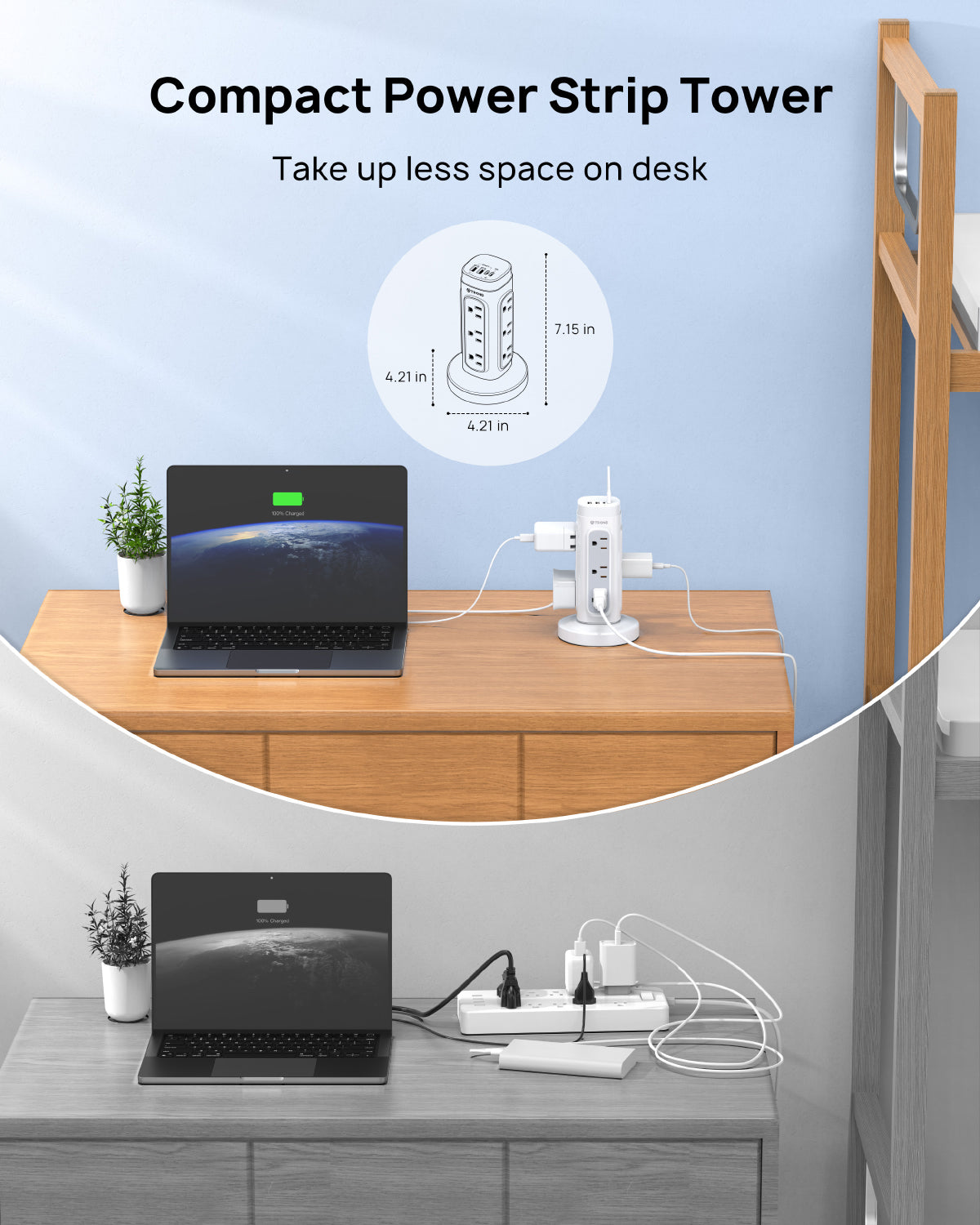 Flat Plug Power StripTower, Surge Protector Power Strip with USB C PD 20W