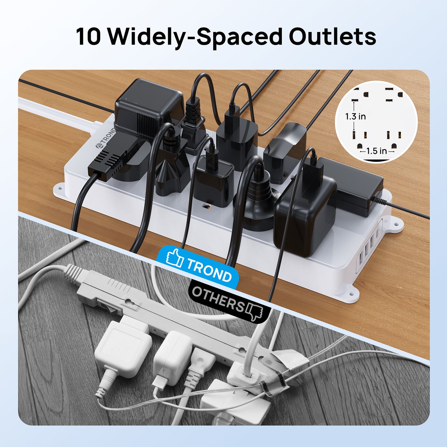 Surge Protector Power Strip, 10 Widely Spaced Outlets