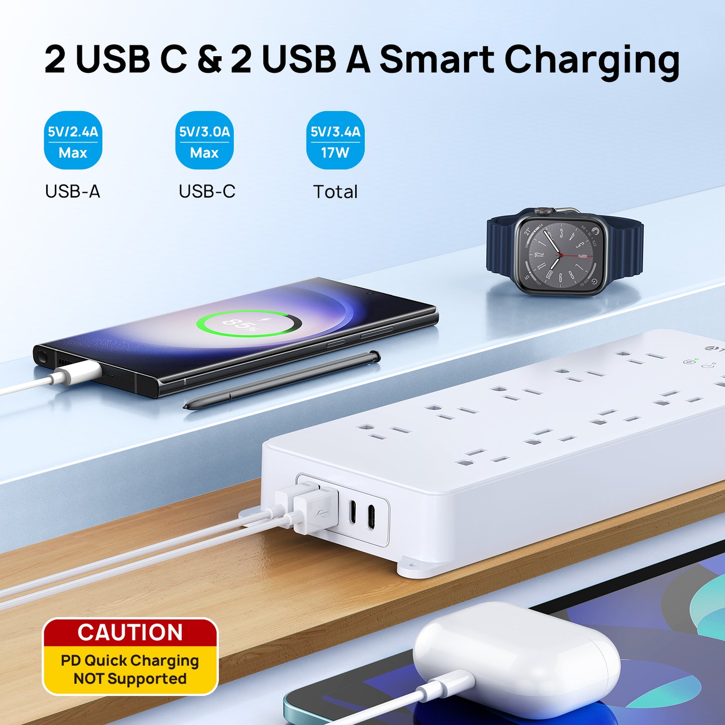 Power Strip Surge Protector, 4000J, ETL Listed, 10 Widely Spaced Outlets