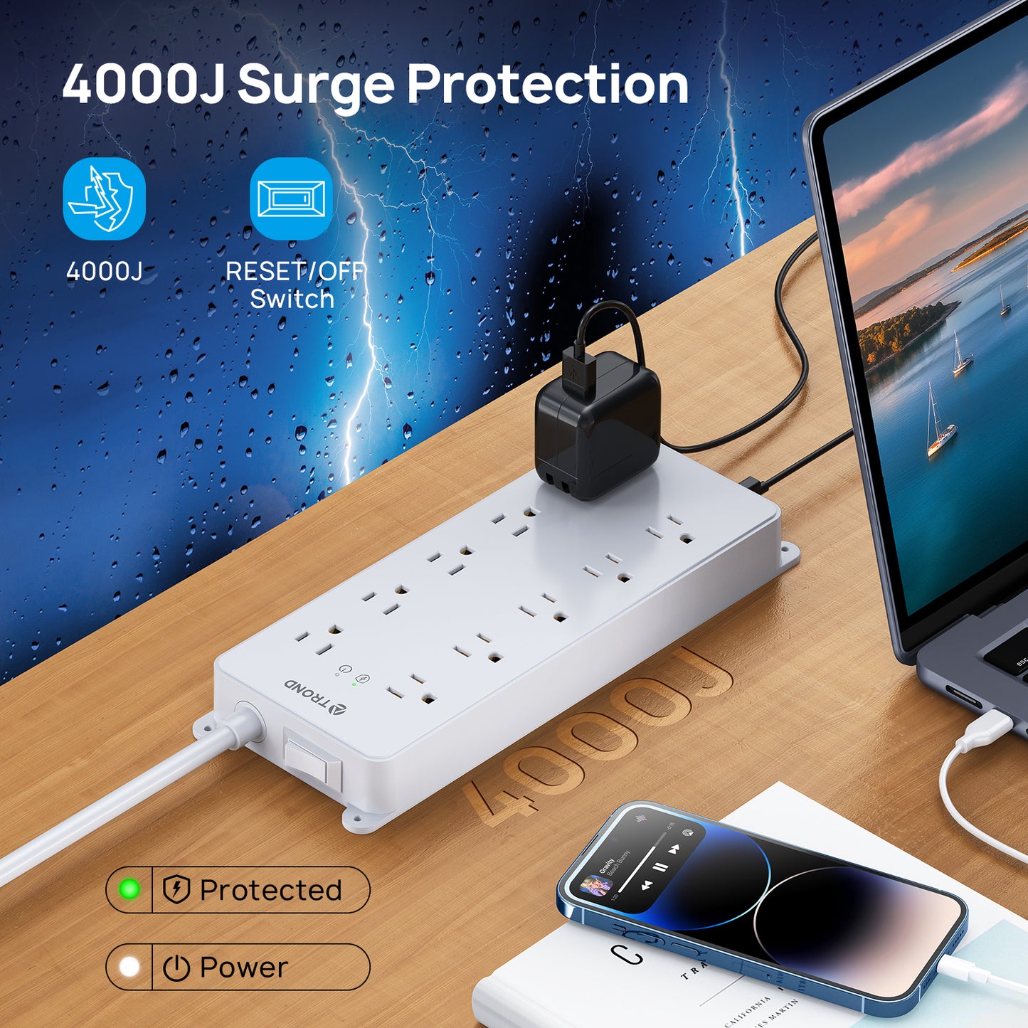 Power Strip Surge Protector, 4000J, ETL Listed, 10 Widely Spaced Outlets