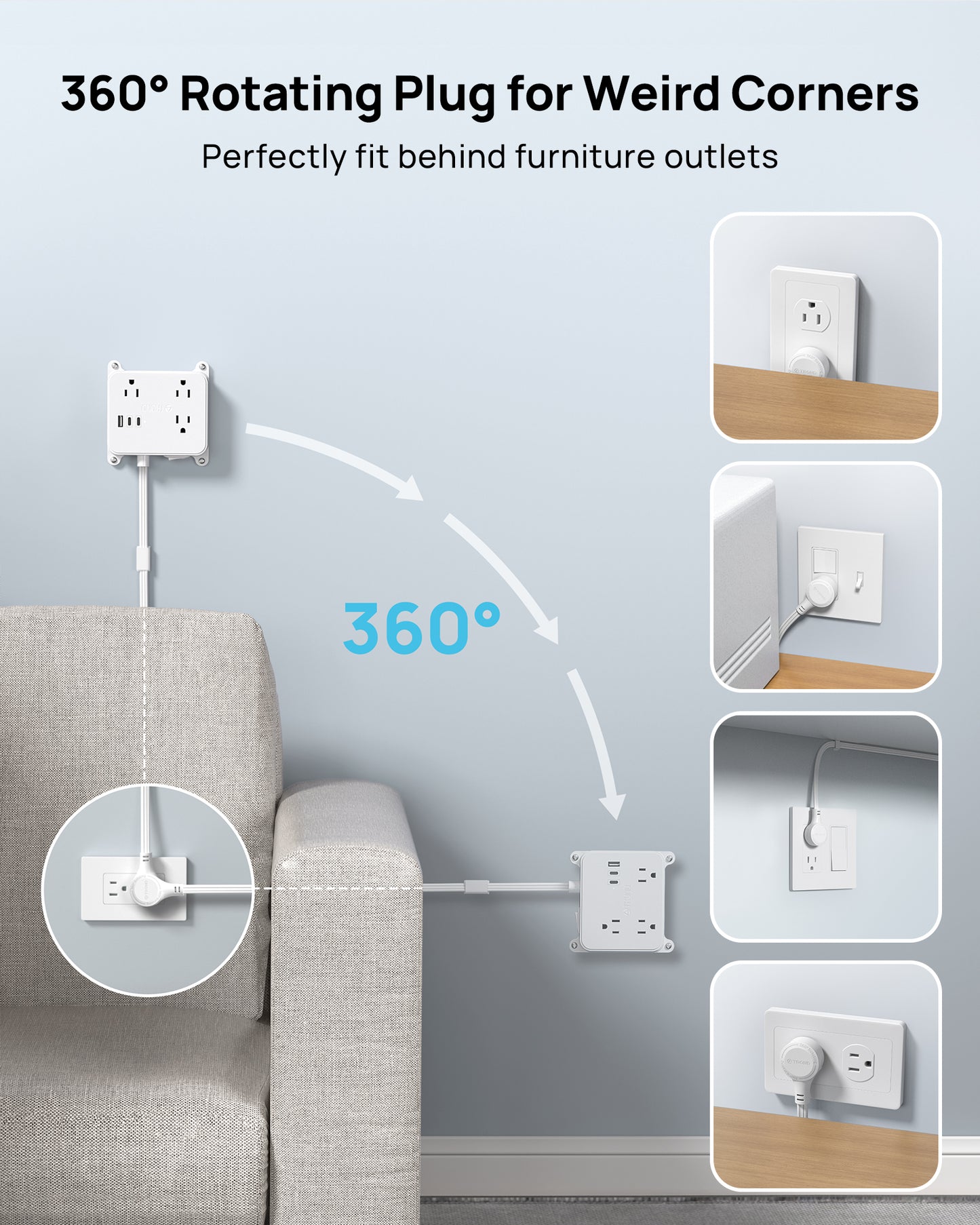 360° Rotating Plug Outlet Extender, 3 AC Electrical Extendable Outlet