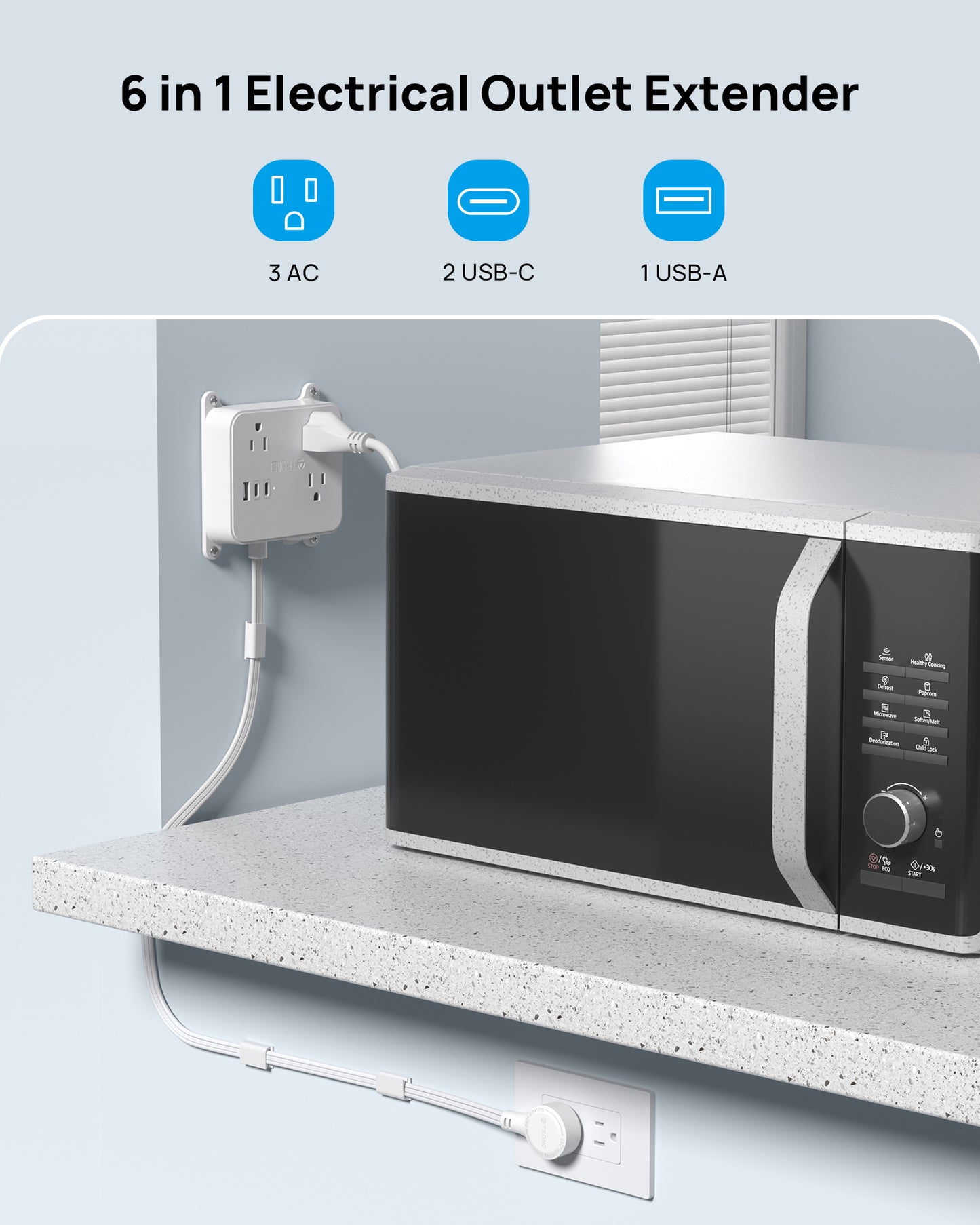 360° Rotating Plug Outlet Extender, 3 AC Electrical Extendable Outlet