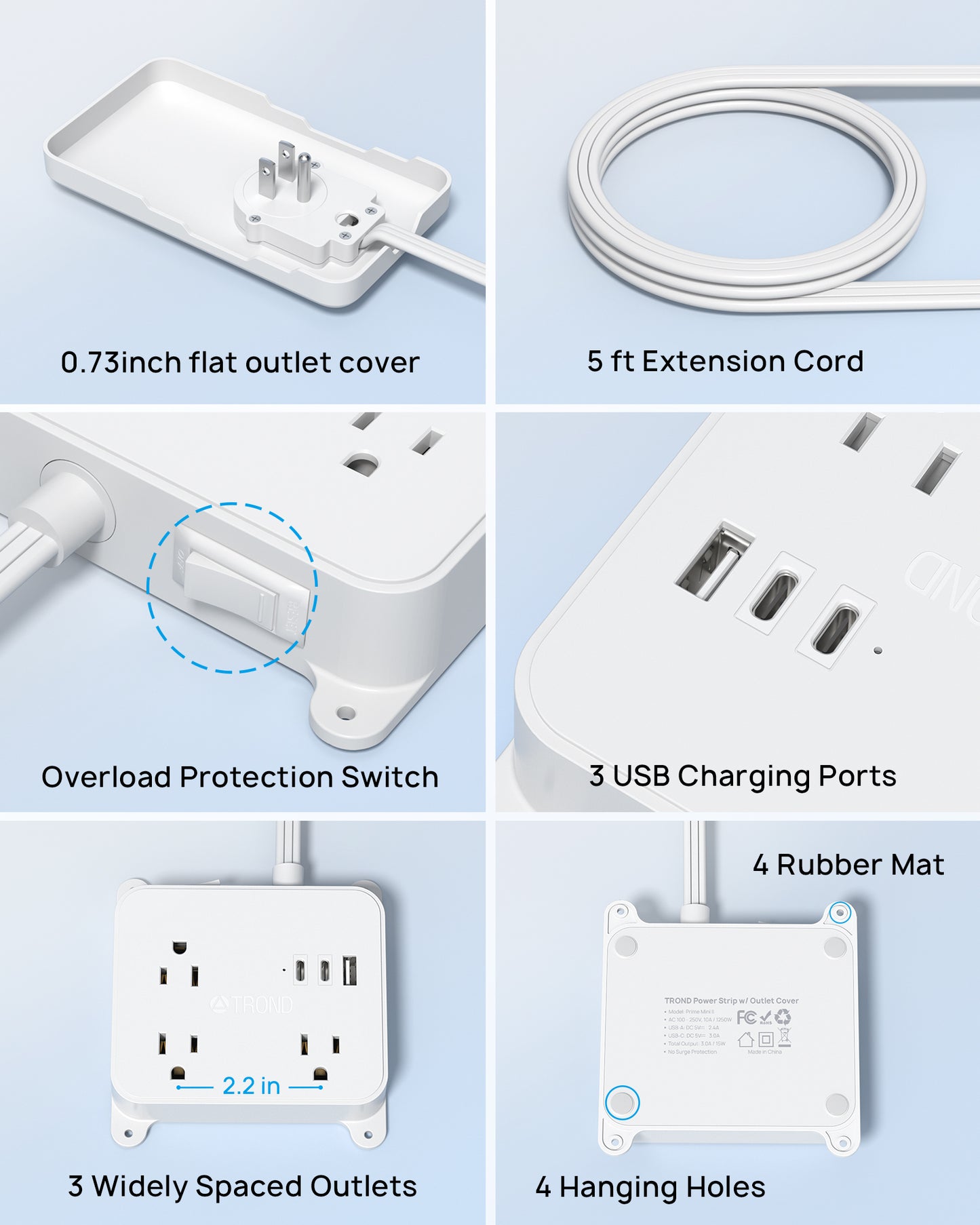 Flat Power Strip with Outlet Cover