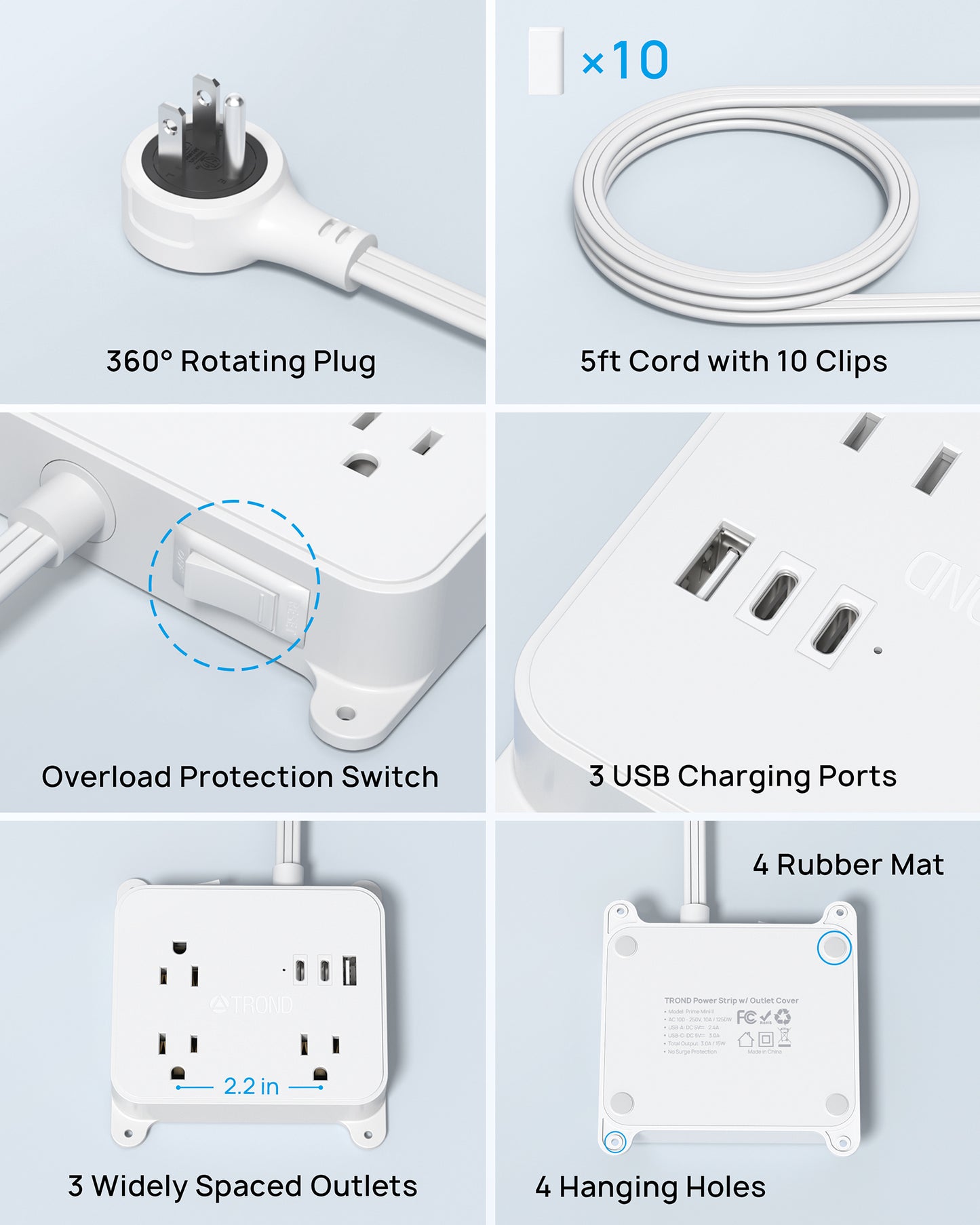 Flat Power Strip with 360° Rotating Plug, 5FT Extension Cord