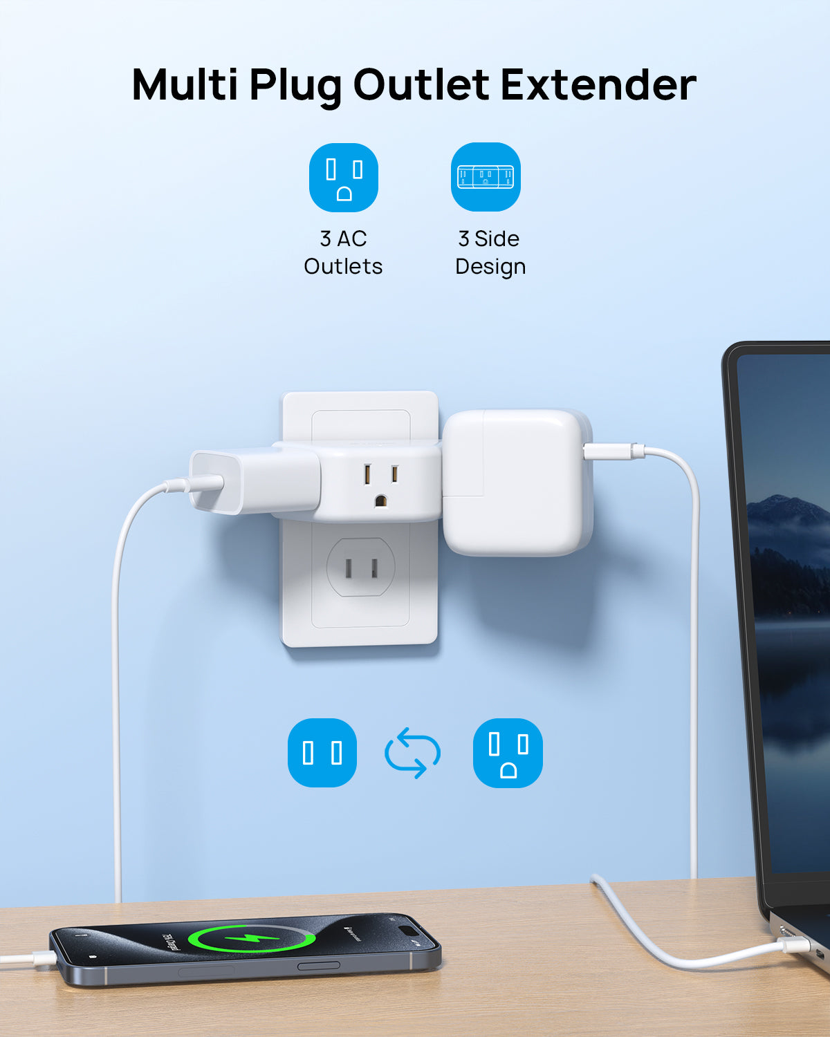 2 Prong to 3 Prong Outlet Adapter, 2 Prong Outlet Extender