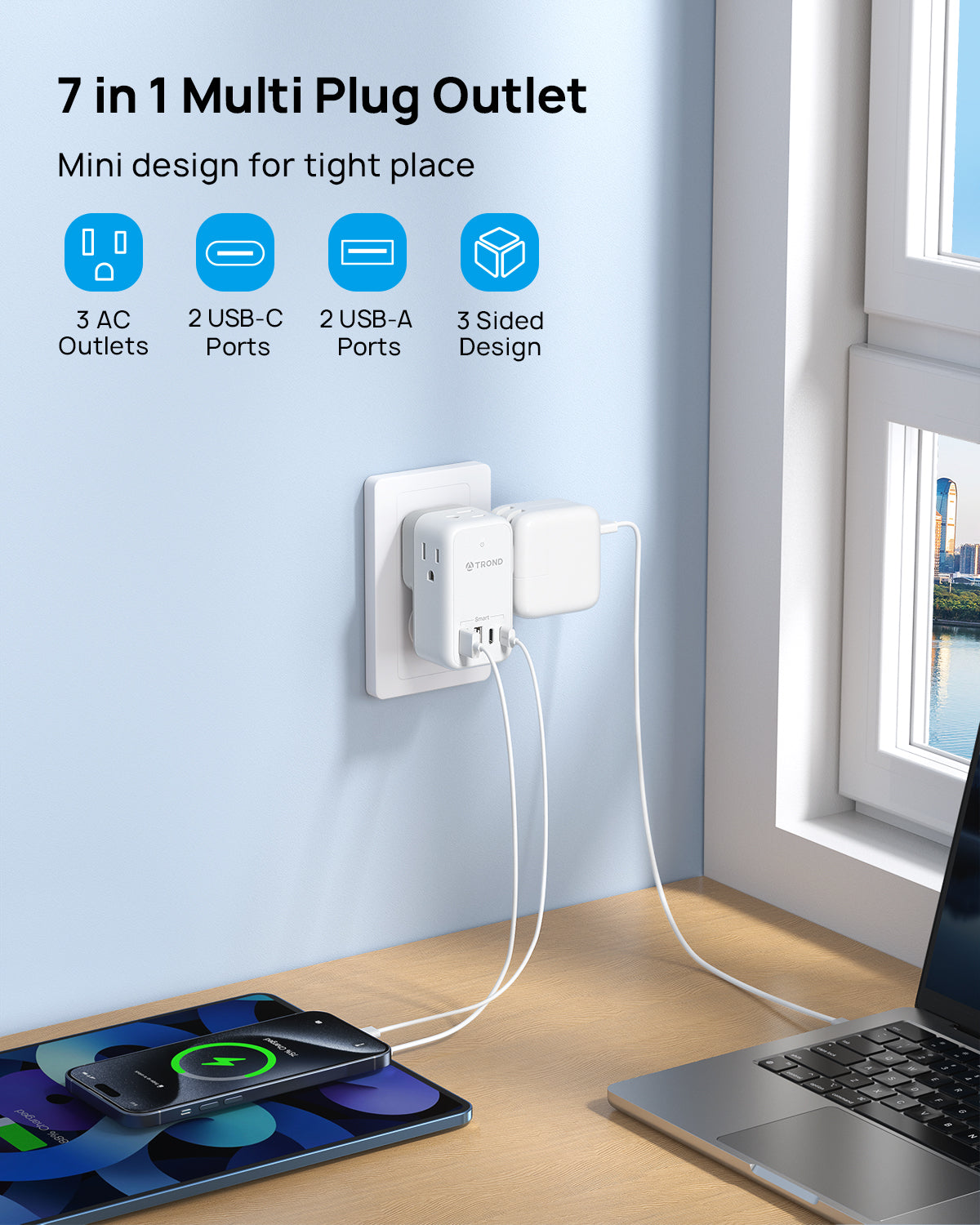 TROND Multi Plug Wall Outlet - Outlet Extender with 360° Rotating Plug, 3 AC Outlet Splitter