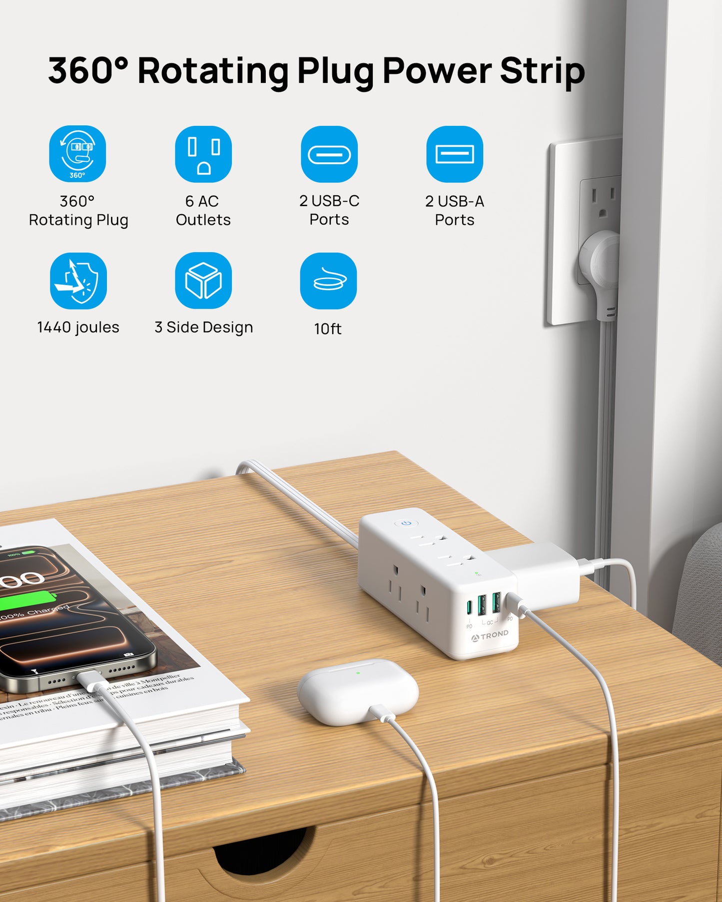 TROND 360° Rotating Plug Surge Protector, Power Strip with 2 USB-C and 2 USB-A, 6 Widely Spaced Outlets