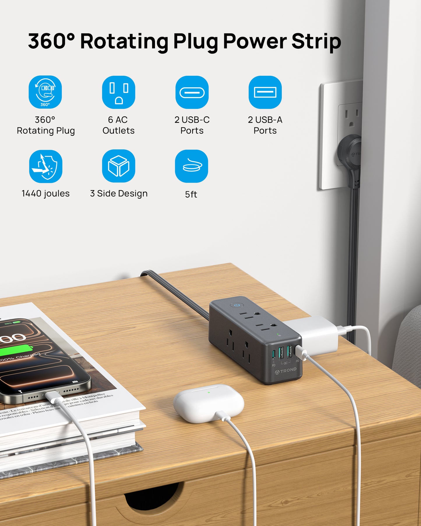 TROND 360° Rotating Flat Plug Surge Protector with USB-C PD20W, Extension Cord 5ft