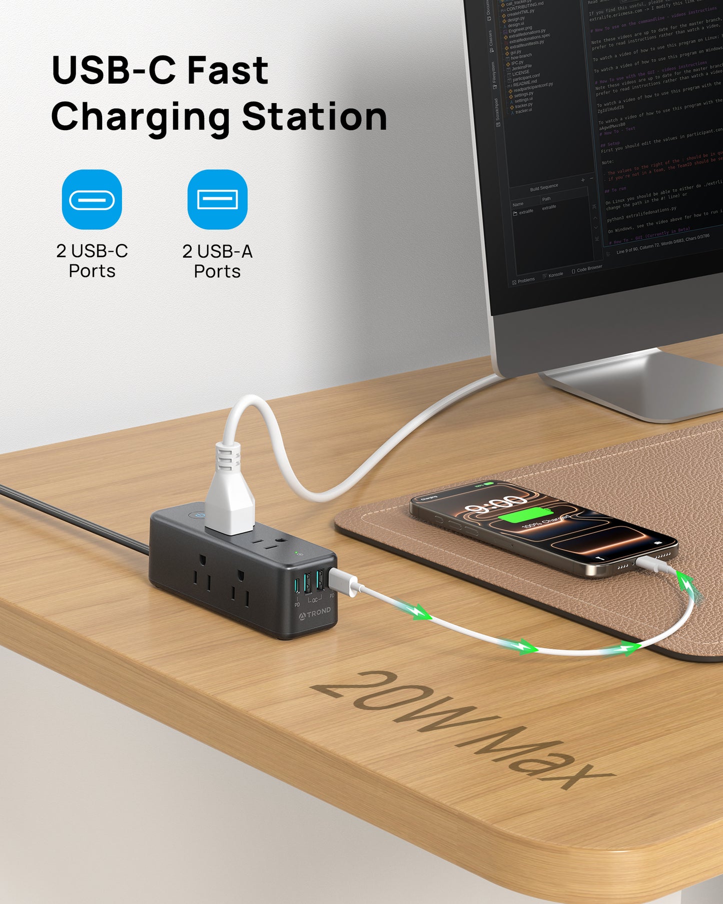 TROND Power Strip with 360° Rotating Flat Plug, Flat Extension Cord 10ft with USB-C PD20W