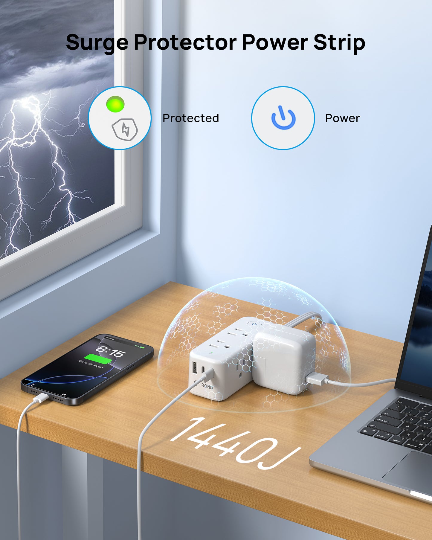 360° Rotating Flat Plug Power Strip, 6 Widely Spaced Outlets with 2 USB-C Ports