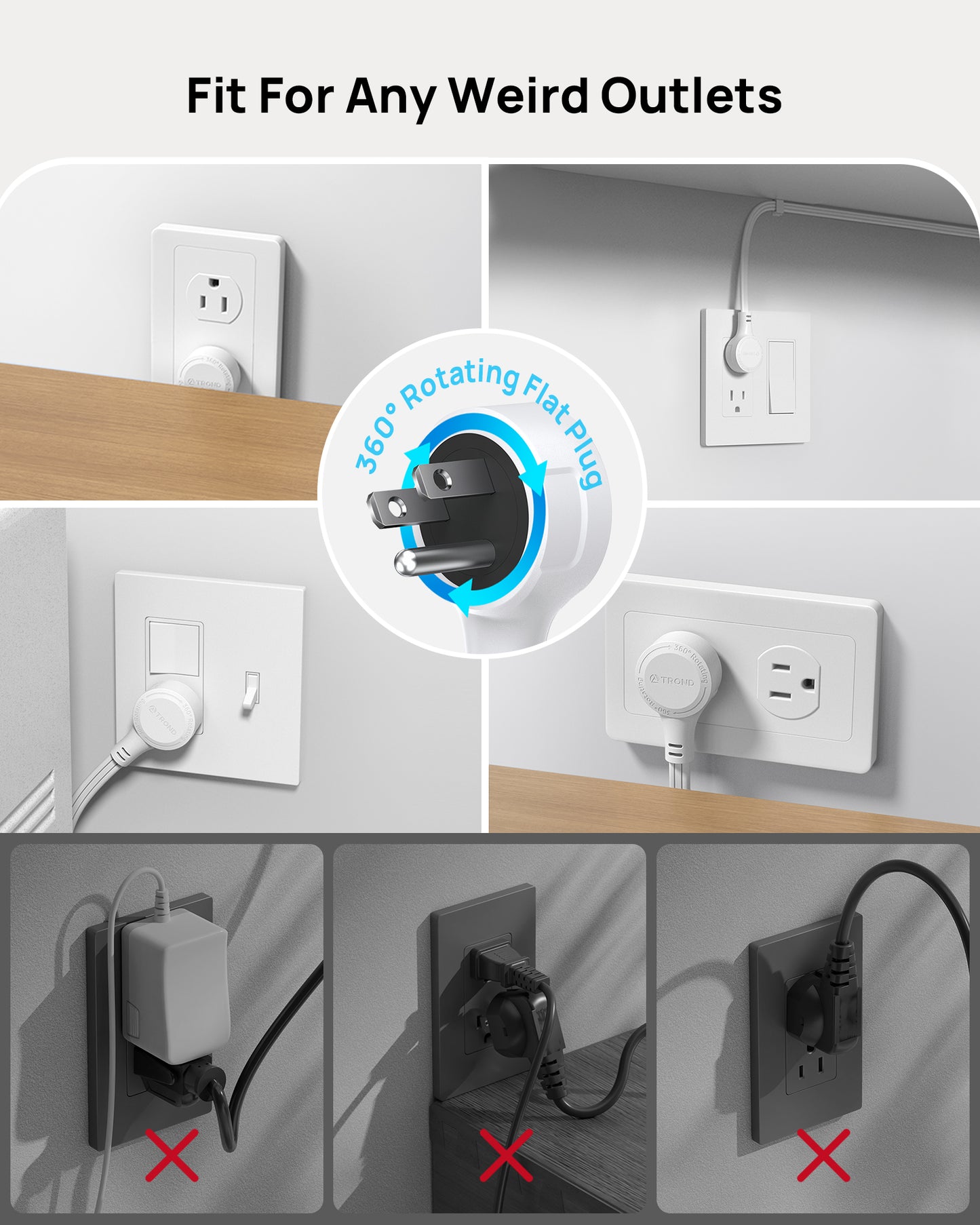 TROND 360° Rotating Flat Plug Power Strip, 3ft Flat Extension Cord with 6 Widely Spaced Outlets