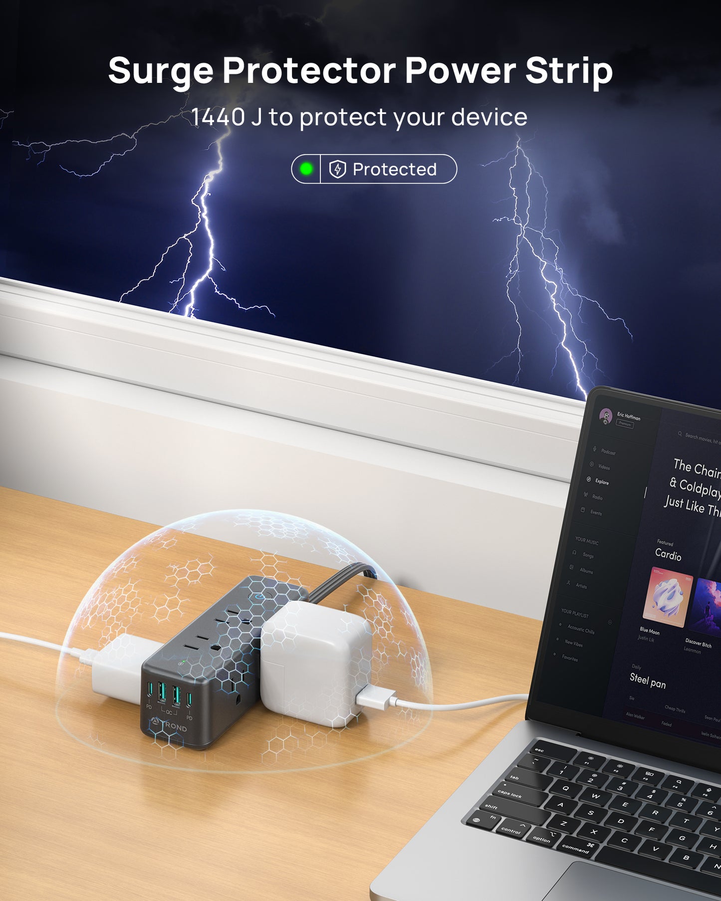 TROND Power Strip with 360° Rotating Flat Plug, Flat Extension Cord 10ft with USB-C PD20W
