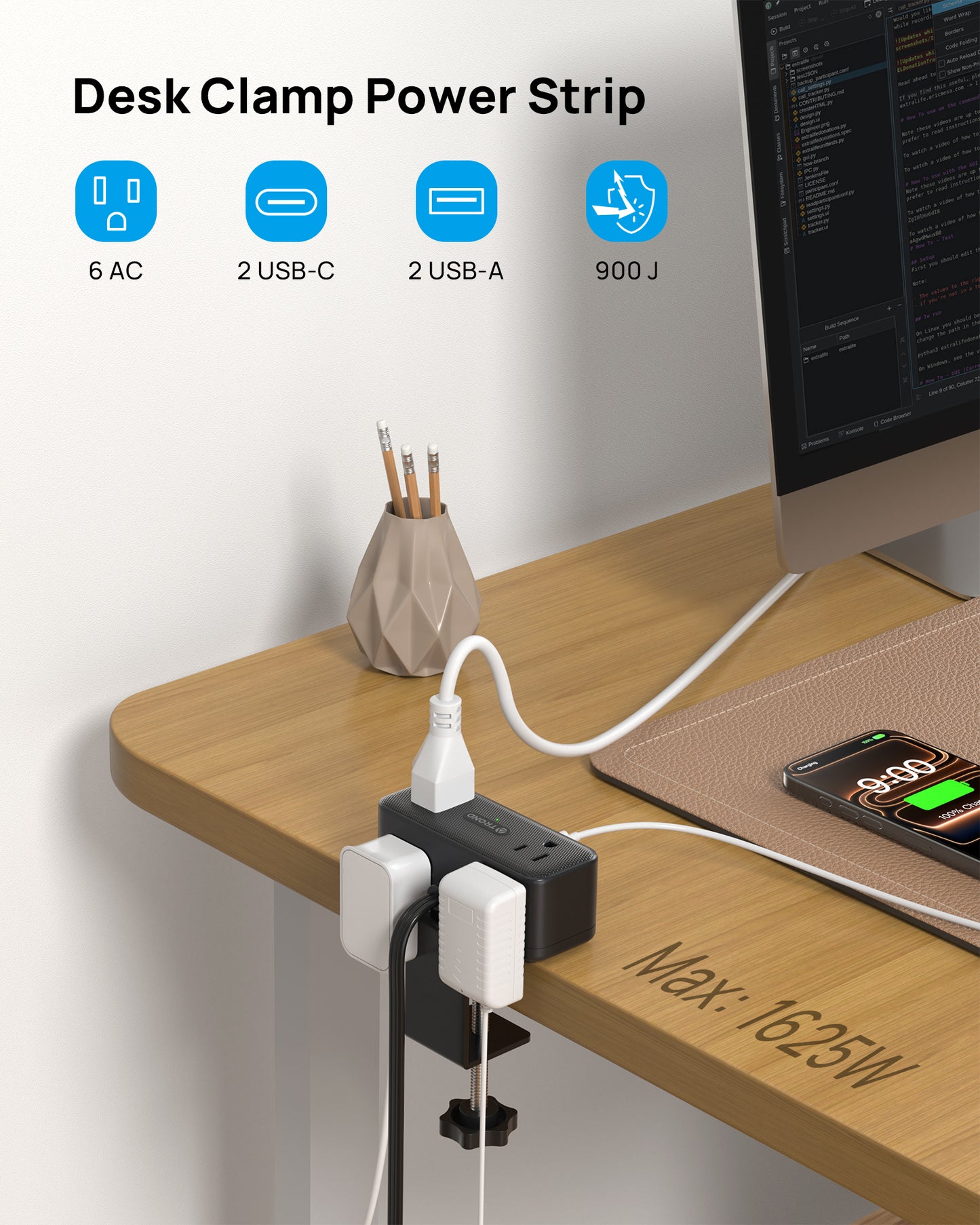 Desk Clamp Power Strip with USB C PD 20W, Flat Plug Extension Cord Surge Protector 5ft