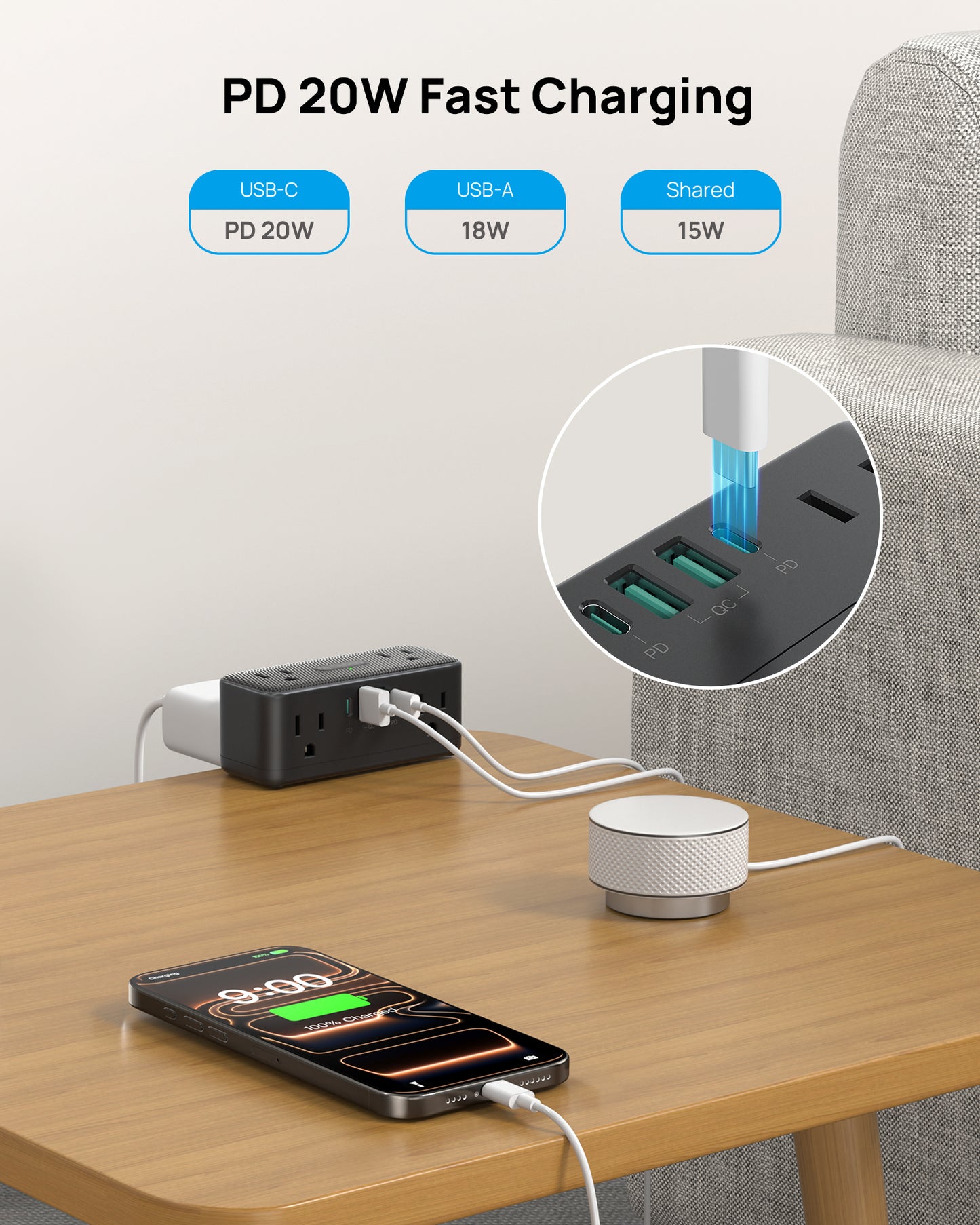 Desk Clamp Power Strip with USB C PD 20W, Flat Plug Extension Cord Surge Protector 5ft