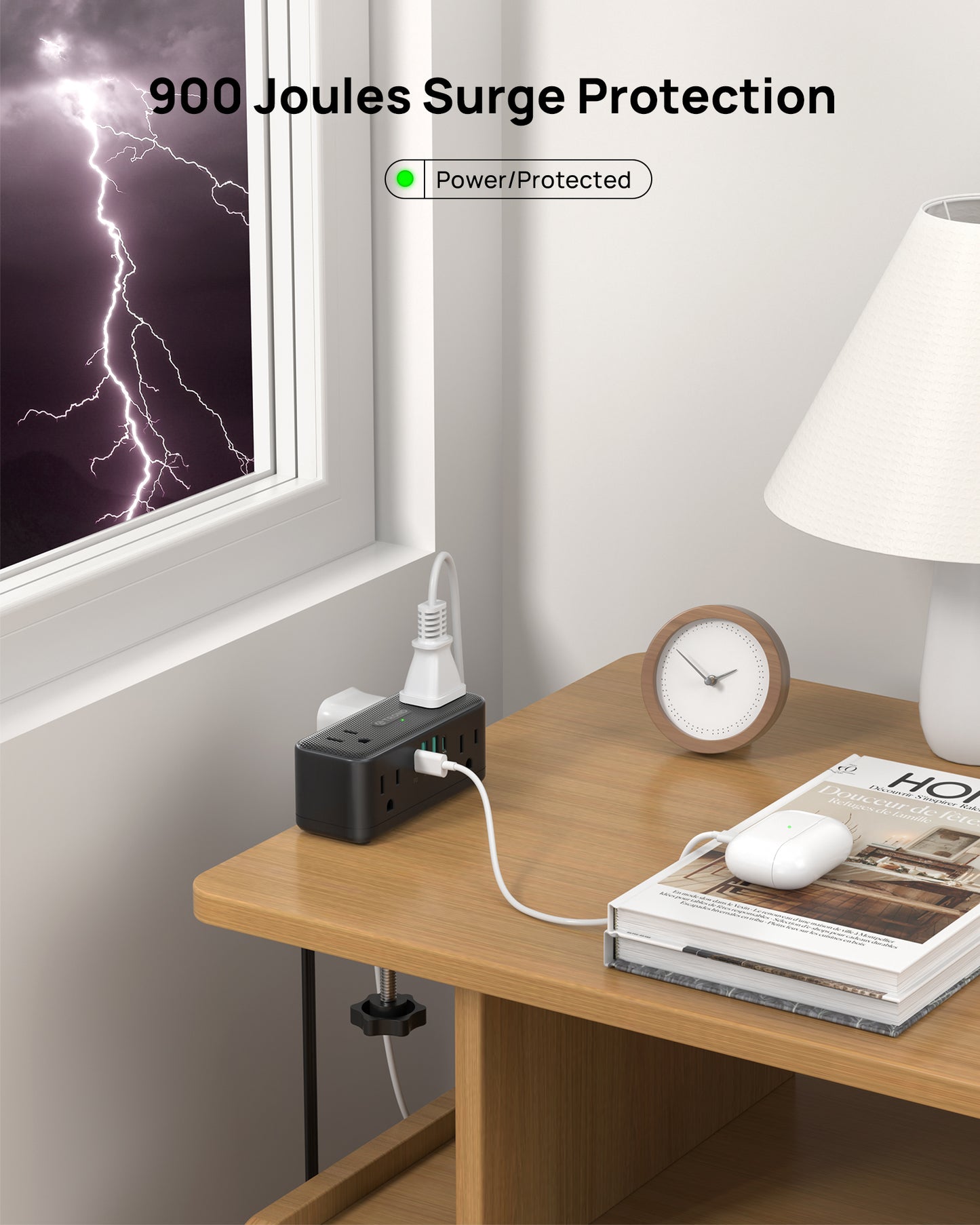 Desk Clamp Power Strip with USB C PD 20W, Flat Plug Extension Cord Surge Protector 5ft