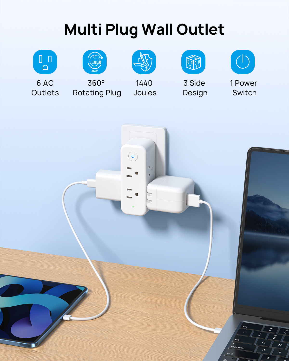 Outlet Extender Surge Protector, 6 AC Outlet Splitter with 360° Rotating Plug